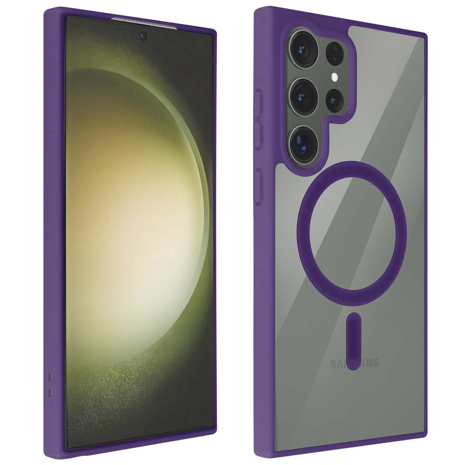 Due immagini di una custodia viola per telefono con retro trasparente, il telefono all'interno.