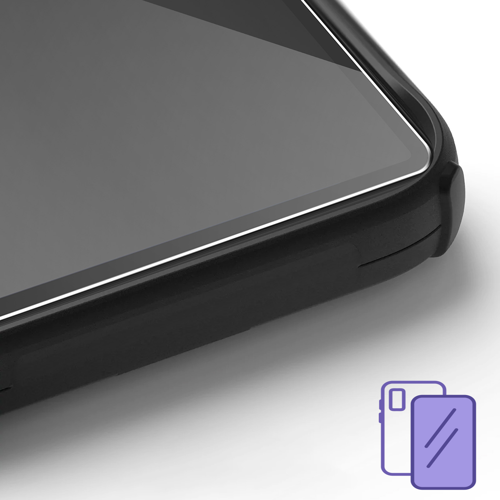 Primo piano di un telefono e protezione schermo, con un design trasparente.