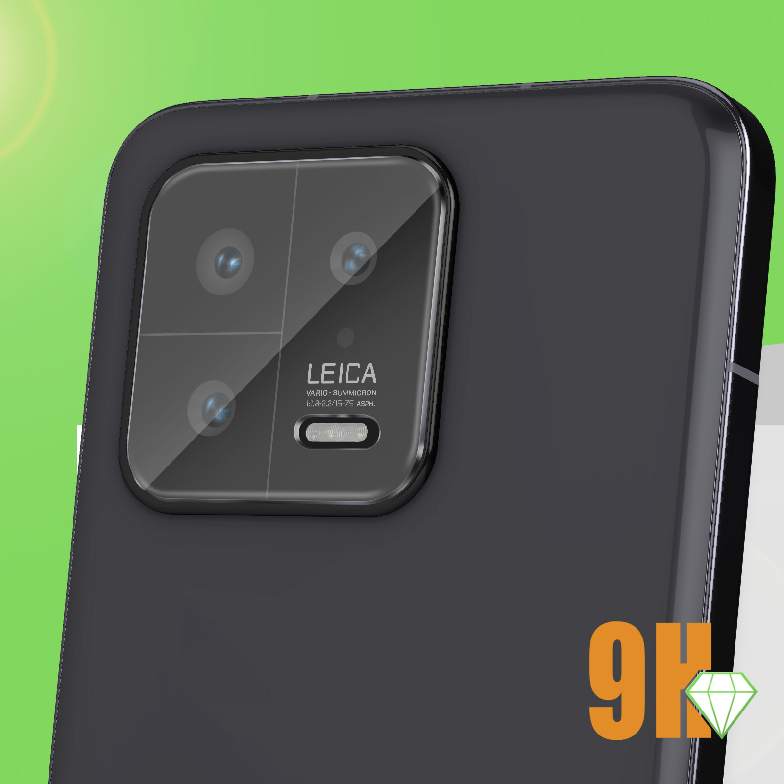 Primo piano del modulo fotocamera di un telefono nero, con marchio Leica e il numero '9H'.