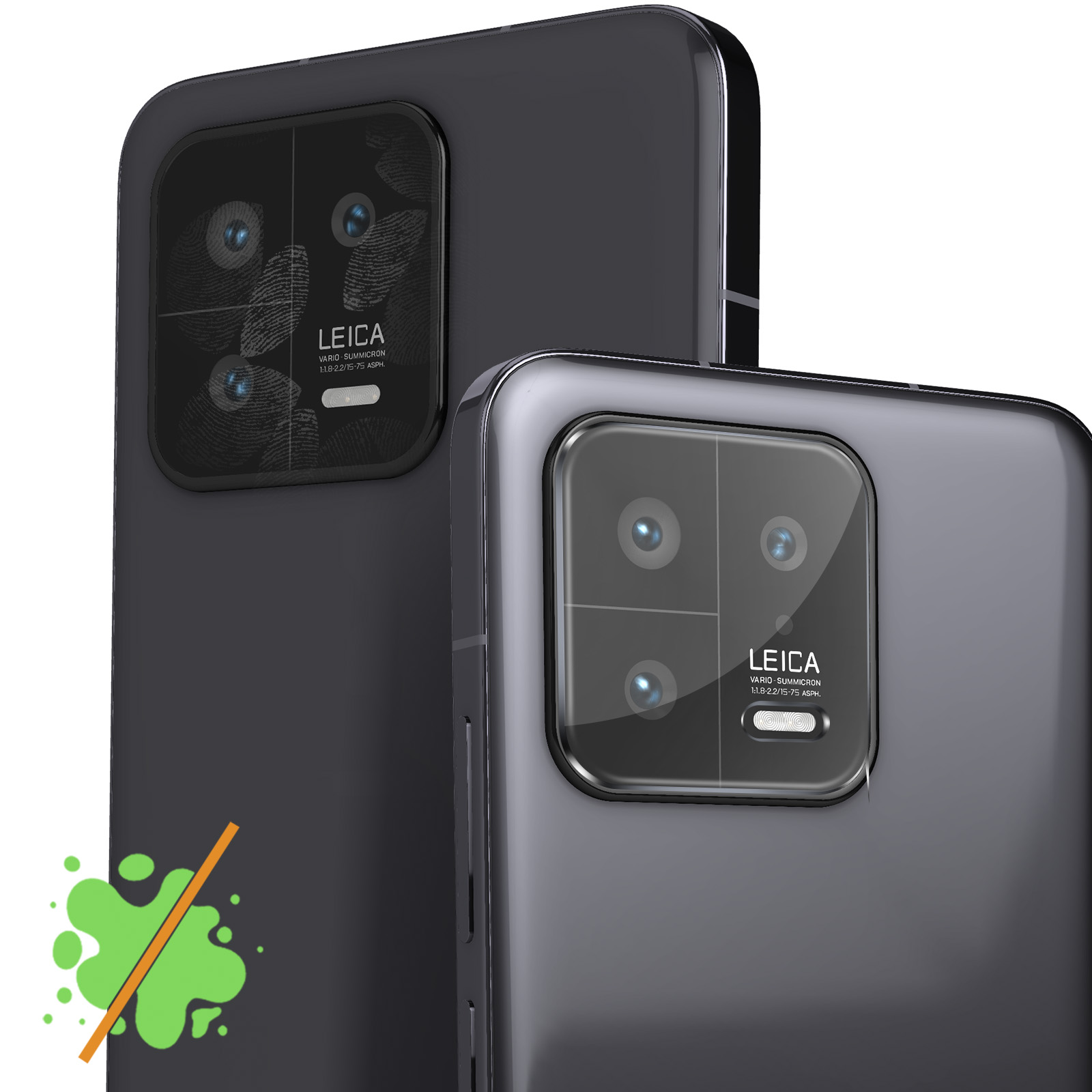 Due telefoni neri con obiettivo Leica. Uno dietro l'altro. Macchia verde e linea.