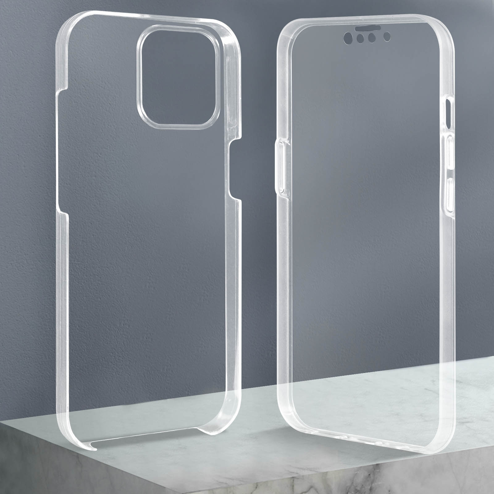 Due custodie trasparenti per telefono, una con foro per la fotocamera e l'altra con ritaglio per lo schermo, posizionate su una superficie.
