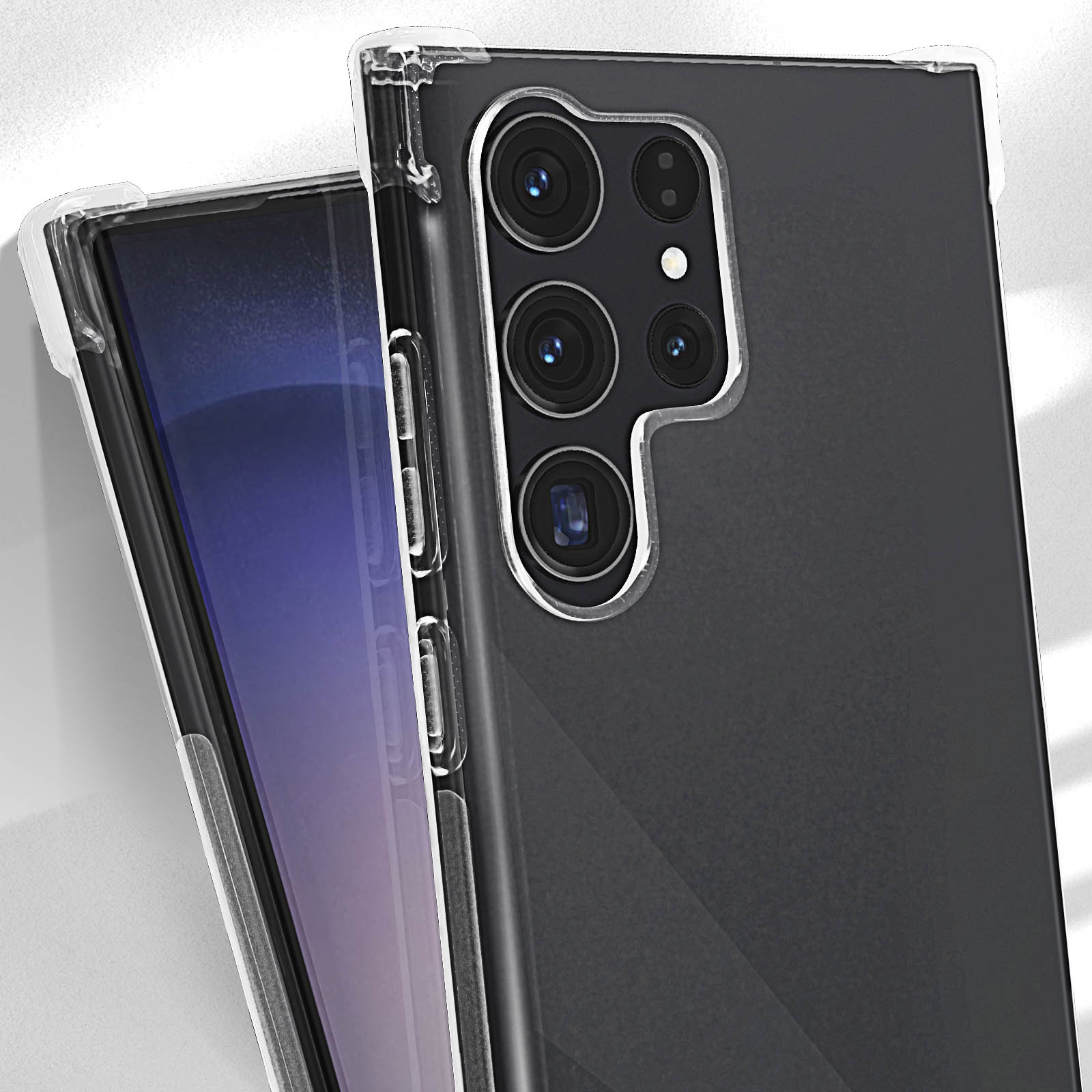 Gros plan d'un téléphone avec un étui transparent. L'étui a des bords transparents pour la protection.