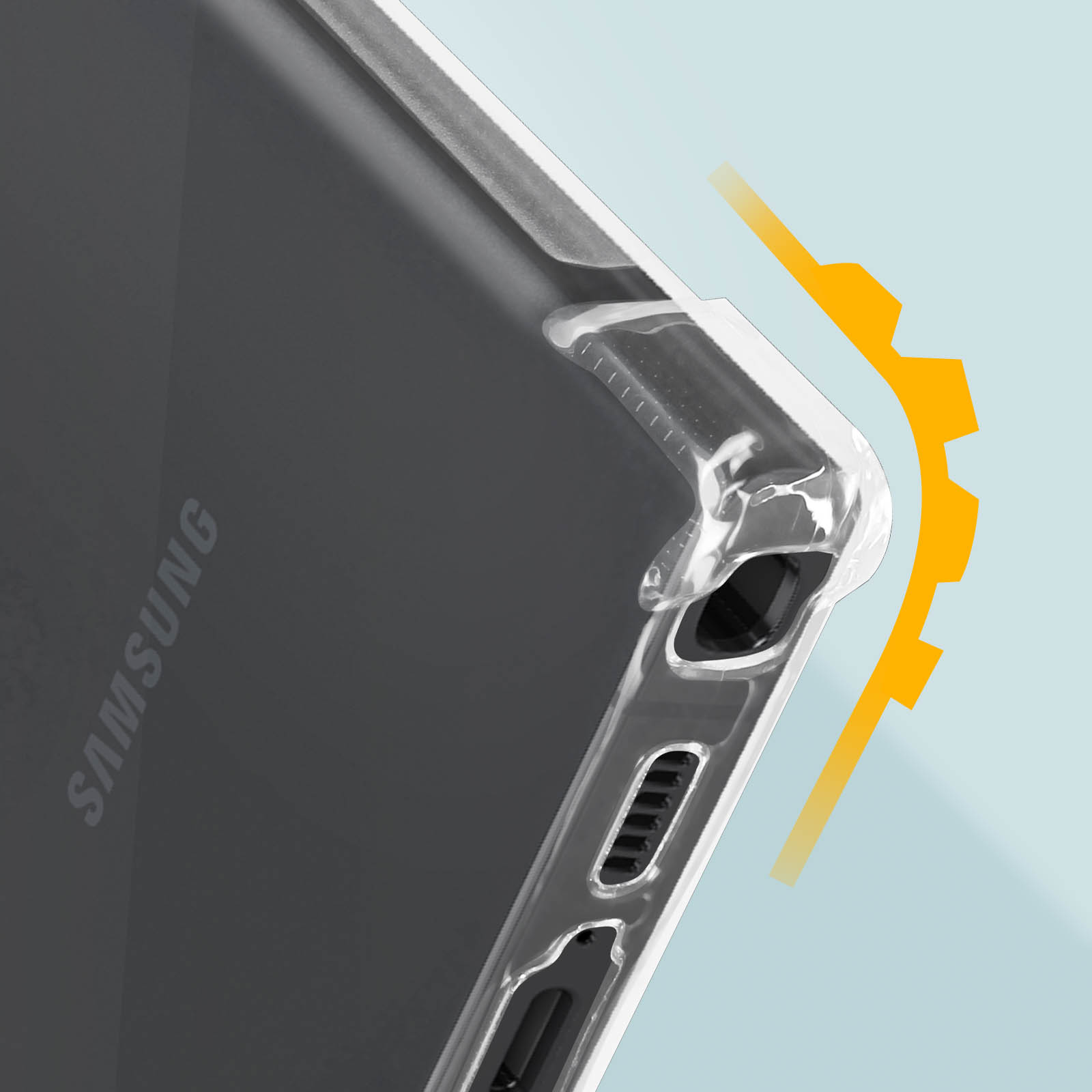Étui de téléphone transparent, montrant le côté du téléphone. Flèche jaune indique la protection.