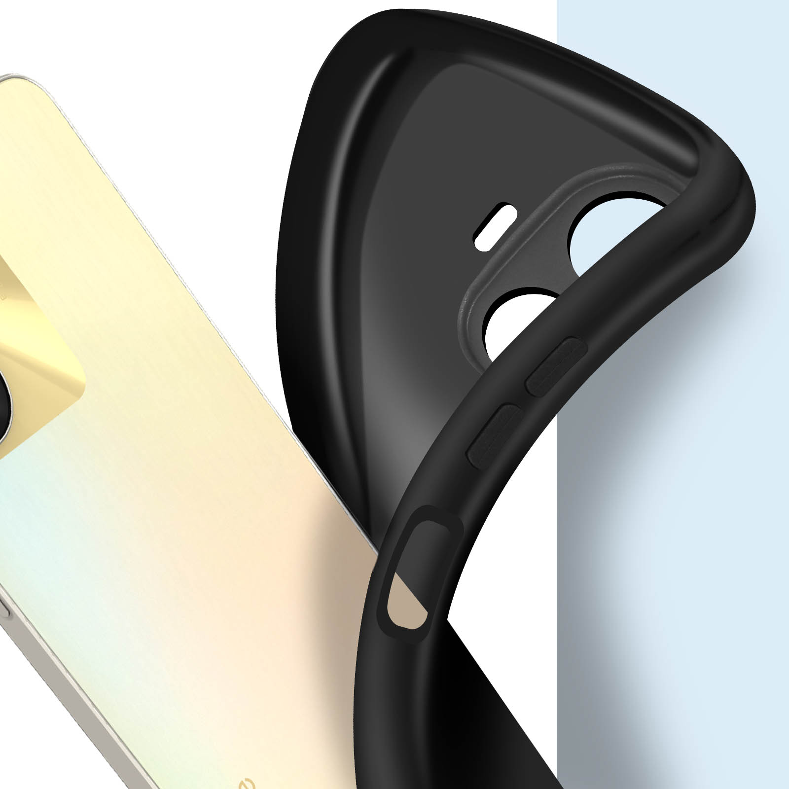 Una custodia per telefono e un telefono. La custodia è nera. Il telefono è bianco con un rigonfiamento della fotocamera giallo.