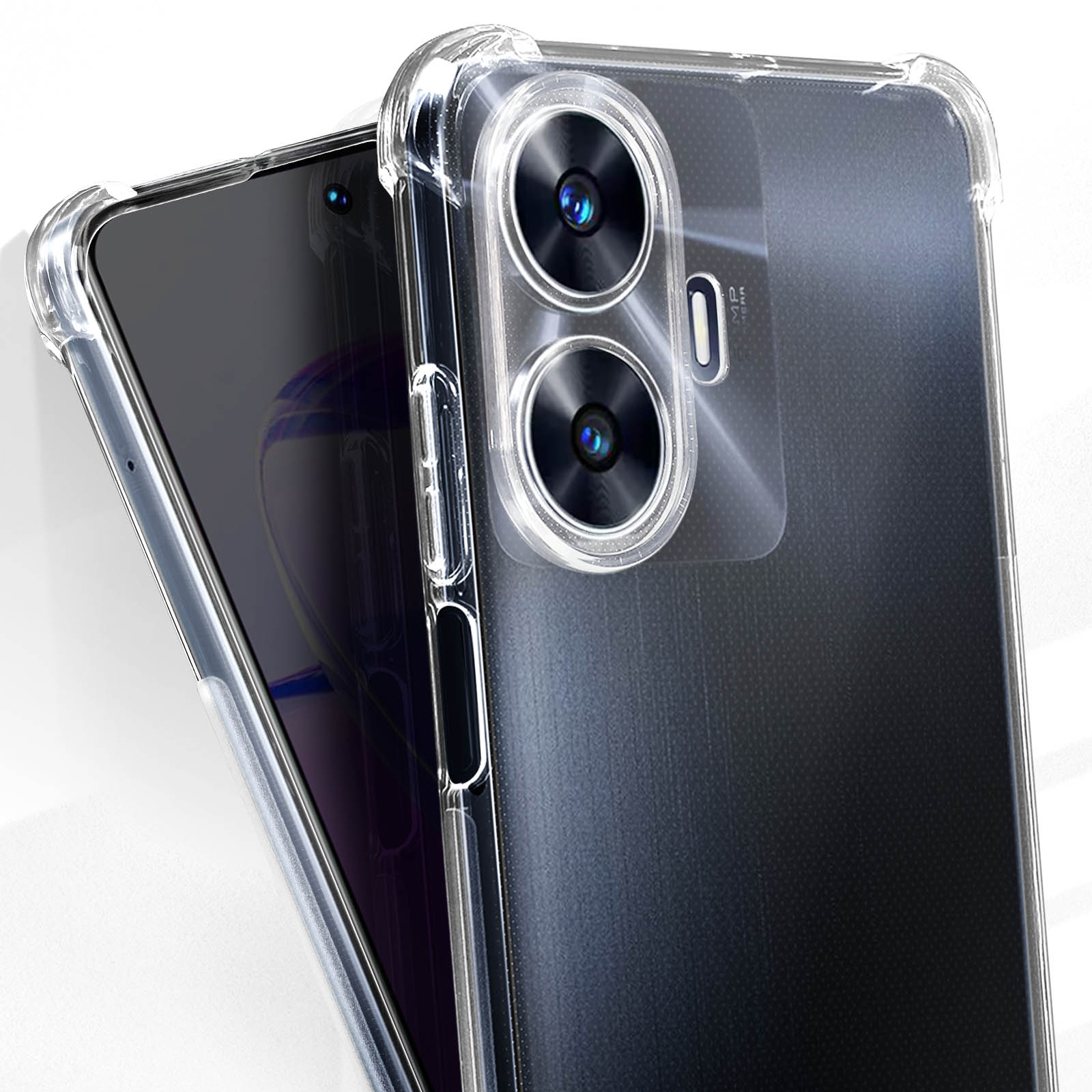 Una custodia trasparente è su un telefono, con la fotocamera e i pulsanti visibili.