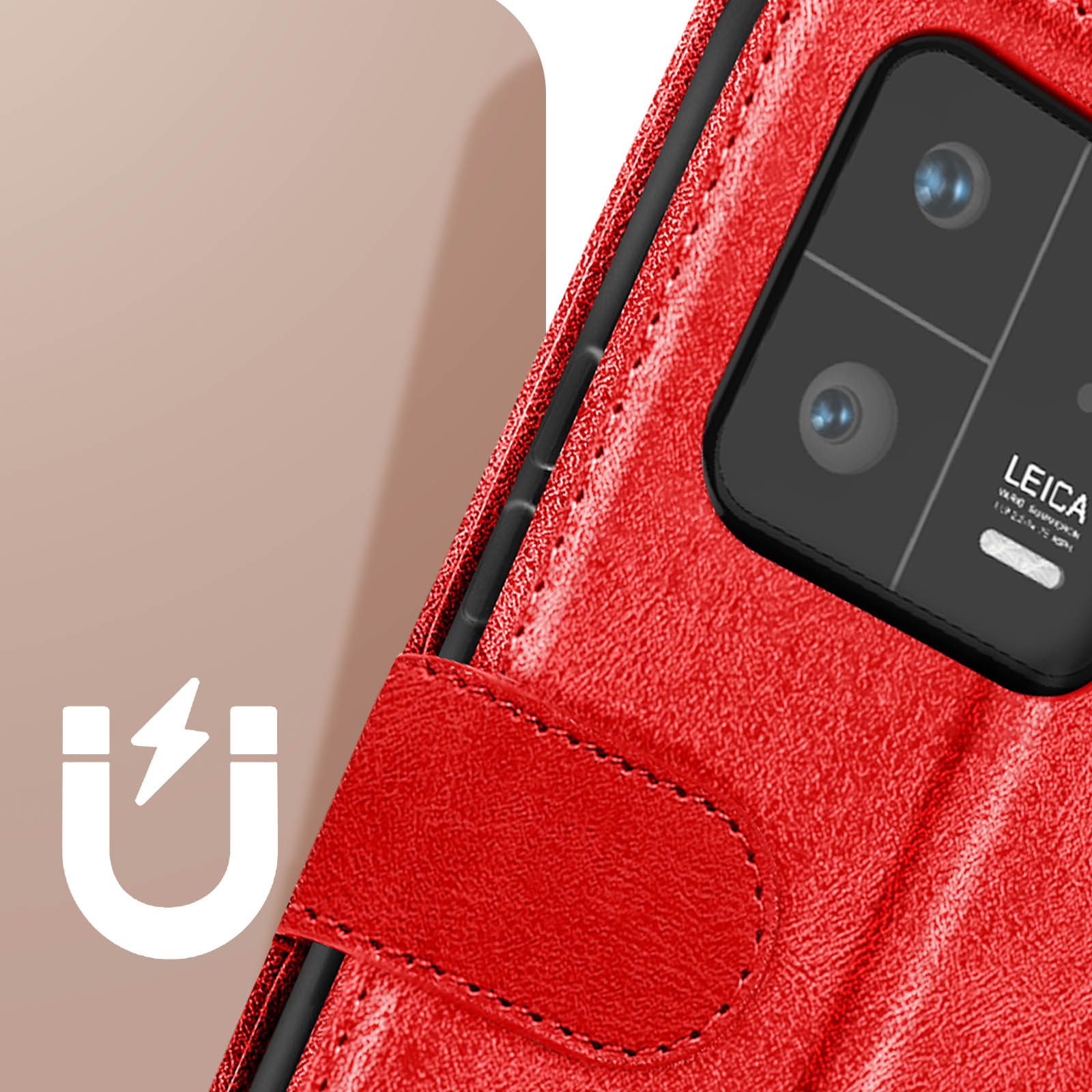 Nahaufnahme einer roten Handyhülle mit Leica-Kamera und Magnet-Symbol.