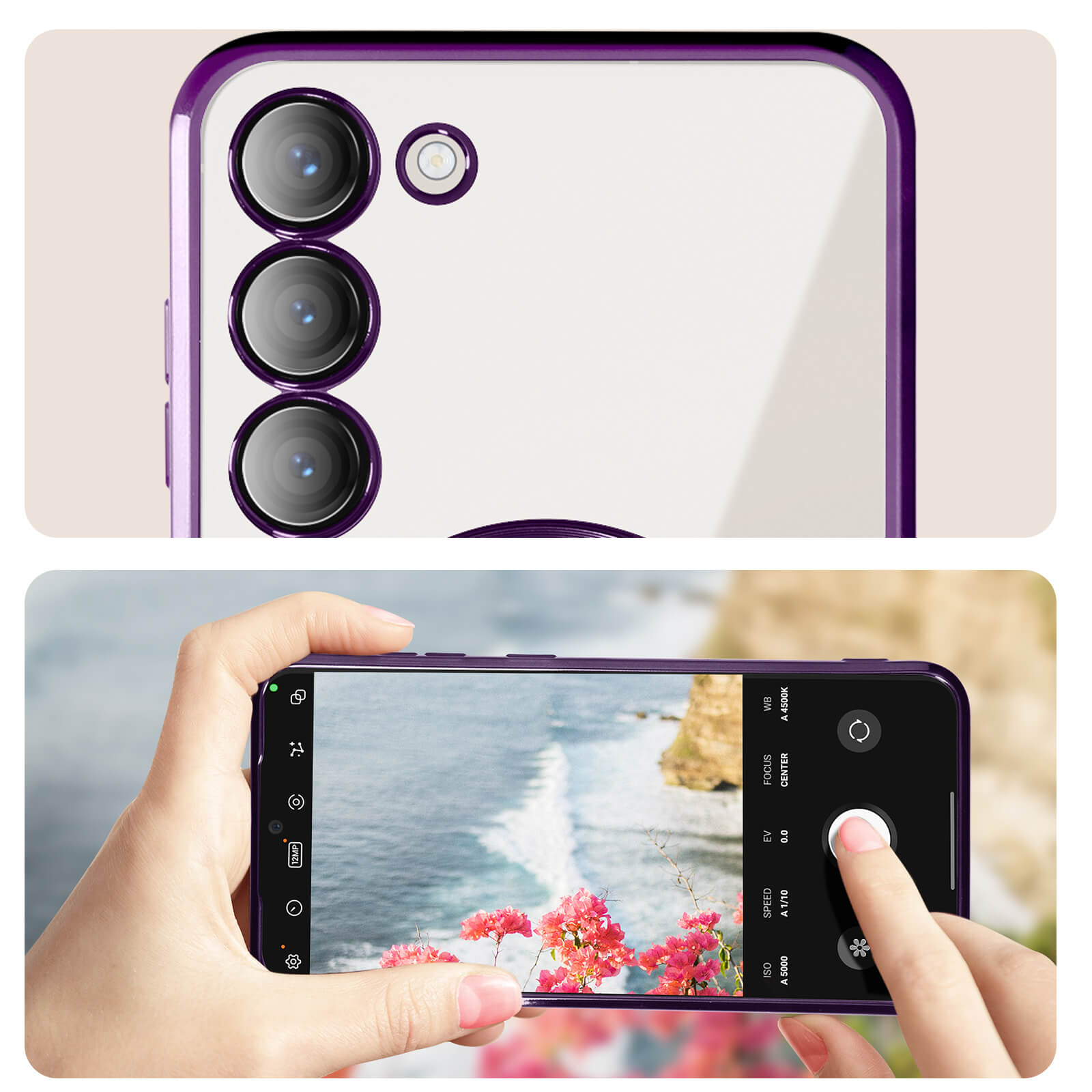 Telefono con custodia viola mostra le lenti della fotocamera. Una mano scatta foto di fiori rosa e oceano.