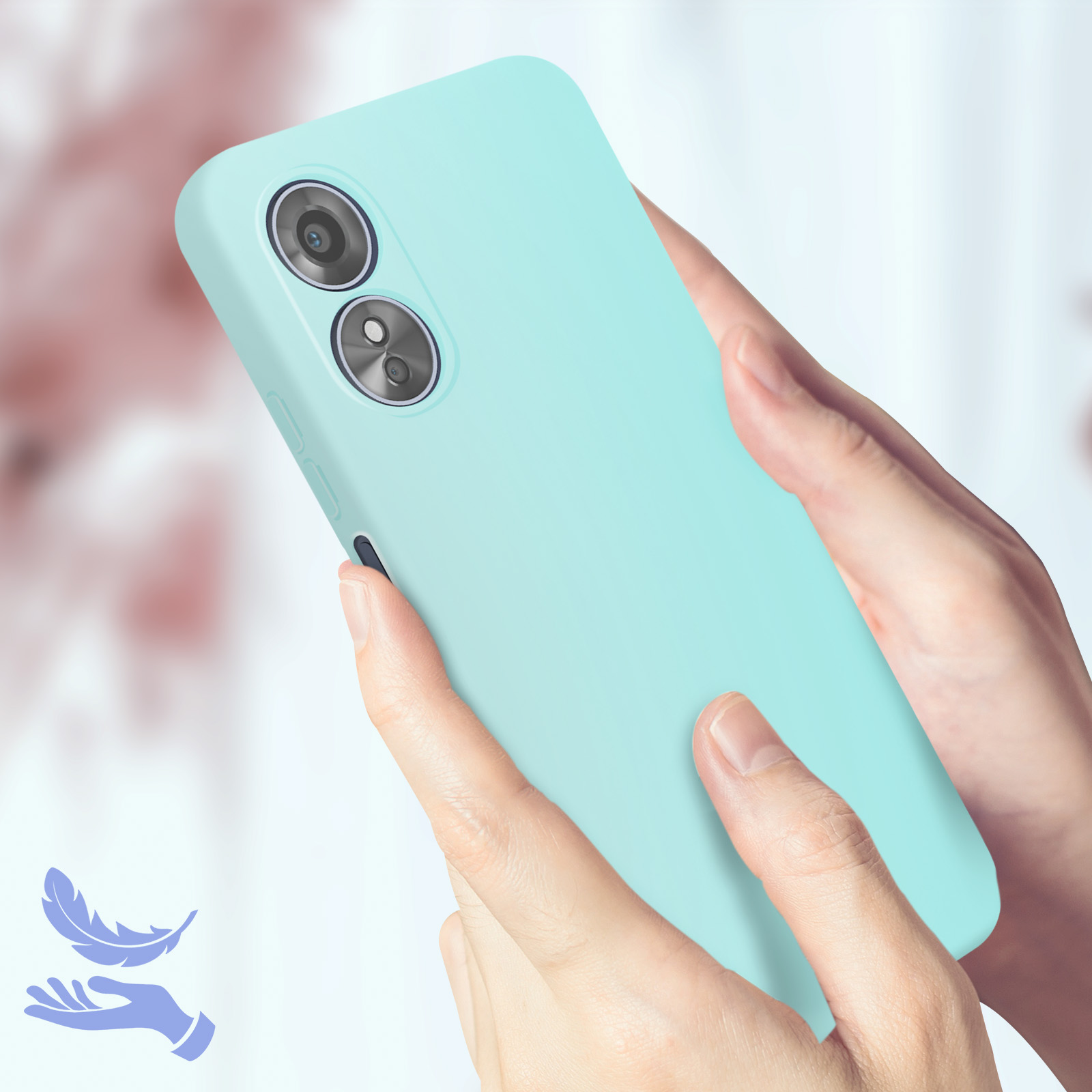 Una mano che tiene una custodia per telefono verde menta con due obiettivi.