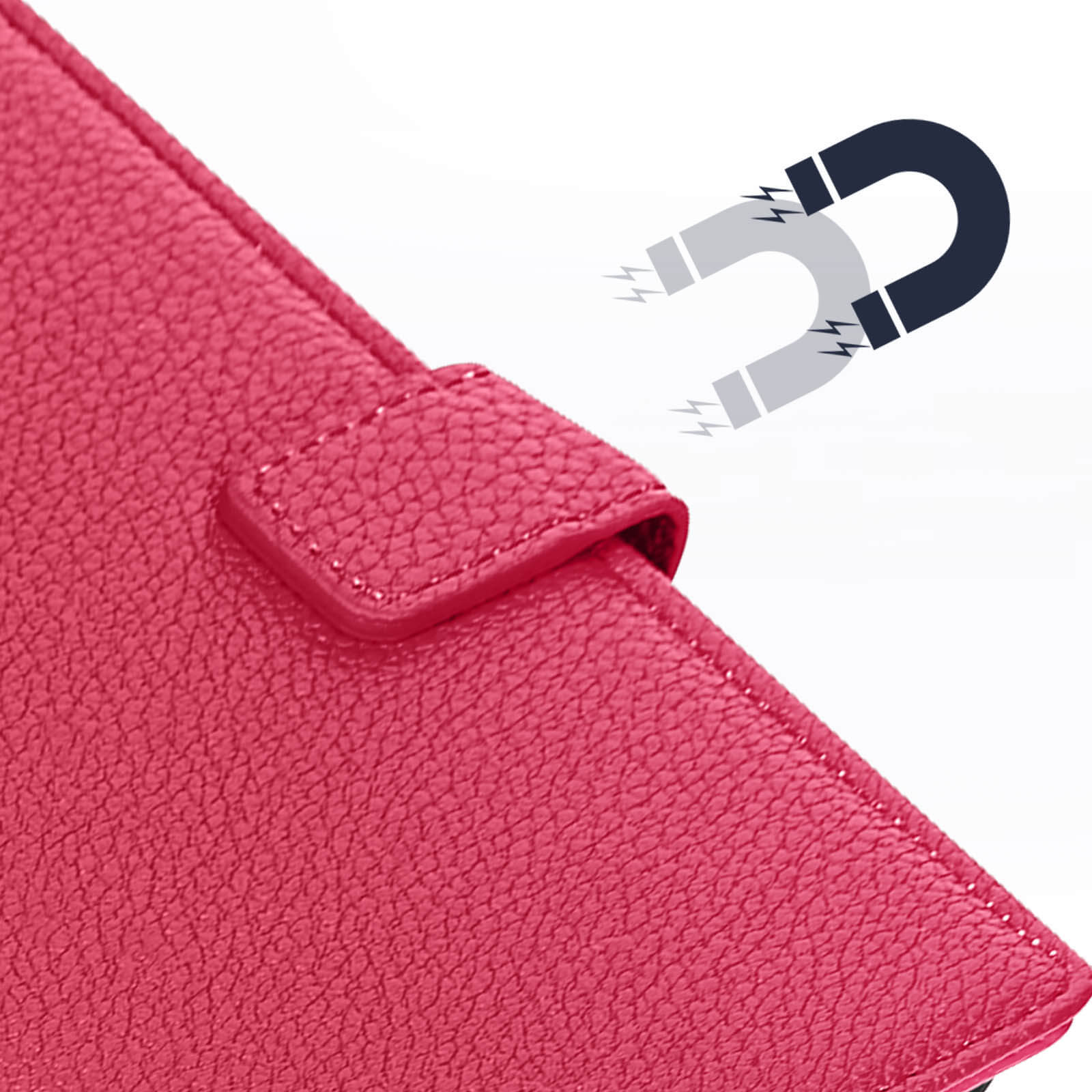 Primo piano di una custodia per telefono in pelle rossa con chiusura magnetica e simbolo magnetico.
