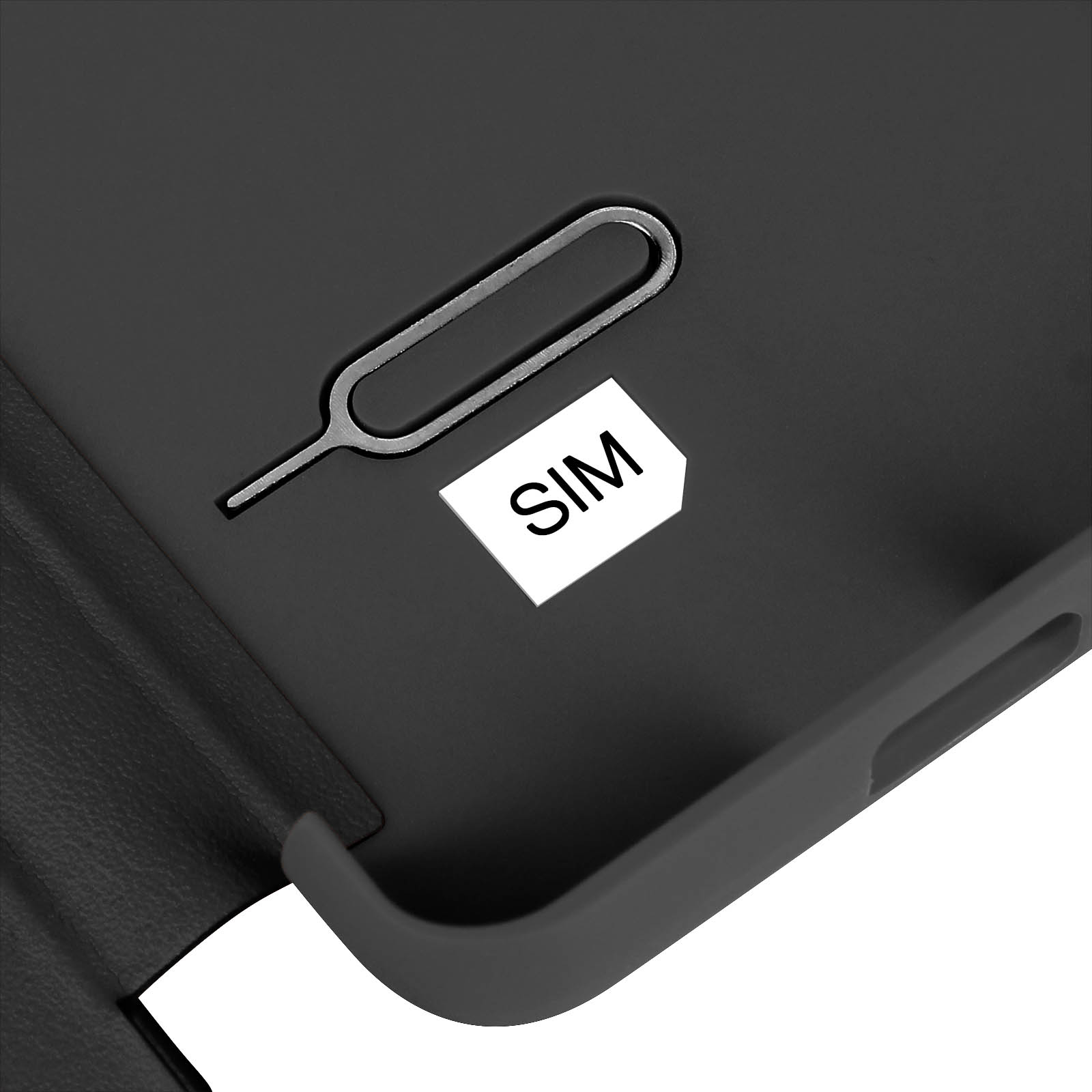 Una custodia nera per telefono con uno strumento di rimozione della SIM e la parola SIM sopra.