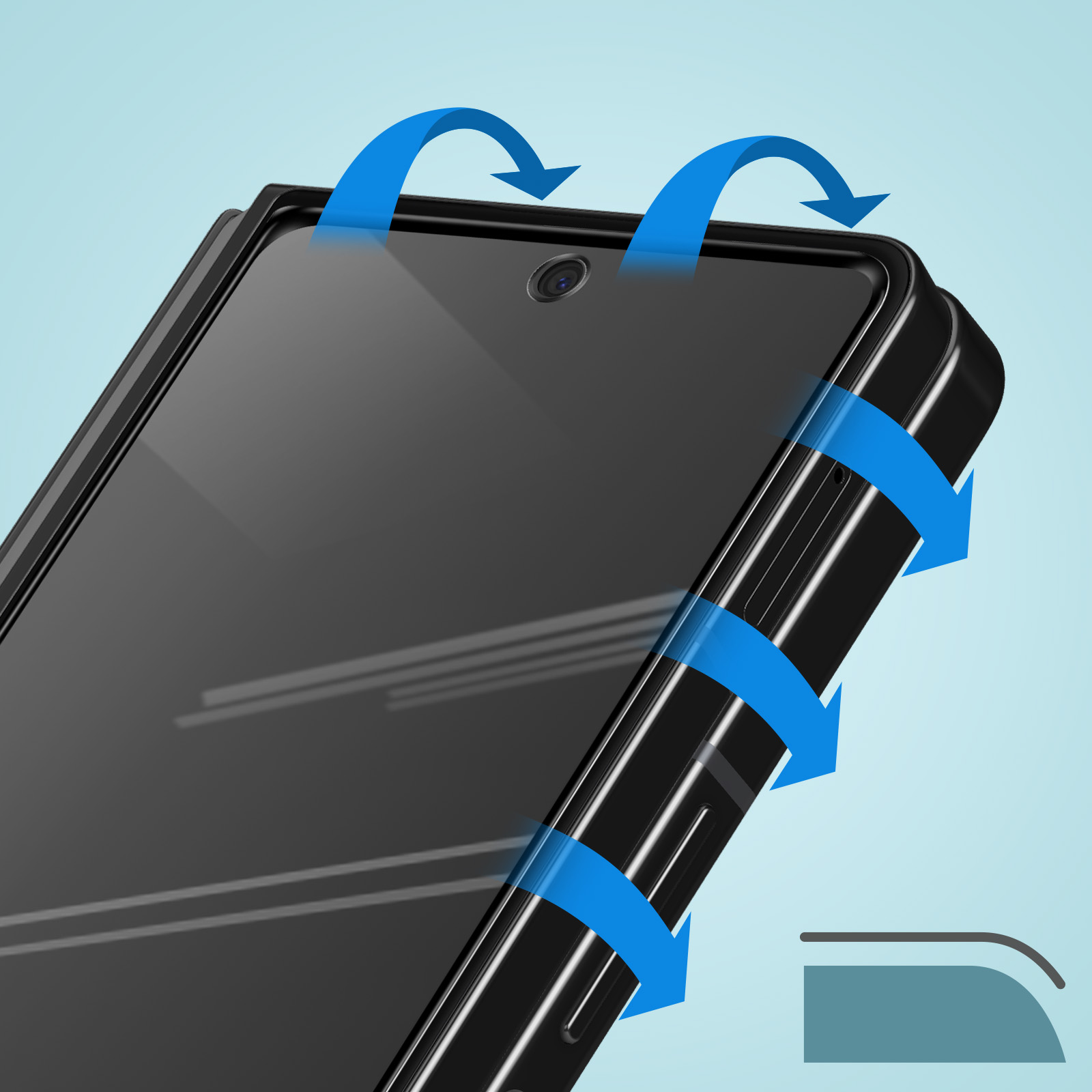 Schwarzes Telefon mit blauen Pfeilen, die den Luftstrom anzeigen, und einer Grafik.