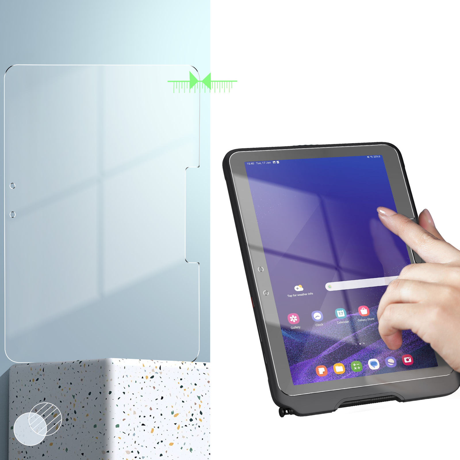 Tableta con protector de pantalla en un soporte. Una mano tocando la pantalla.