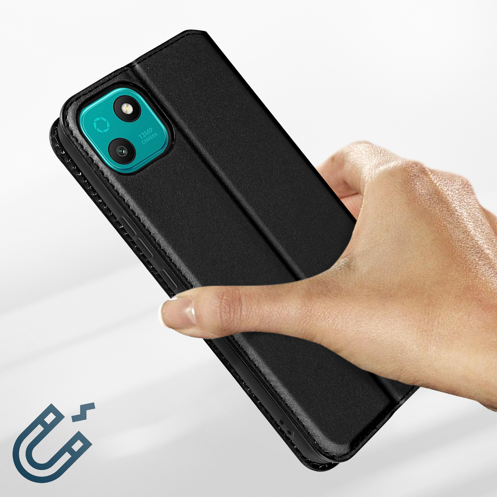 Een hand die een zwarte telefoonhoes openhoudt met een telefoon erin en een magneet-icoon.