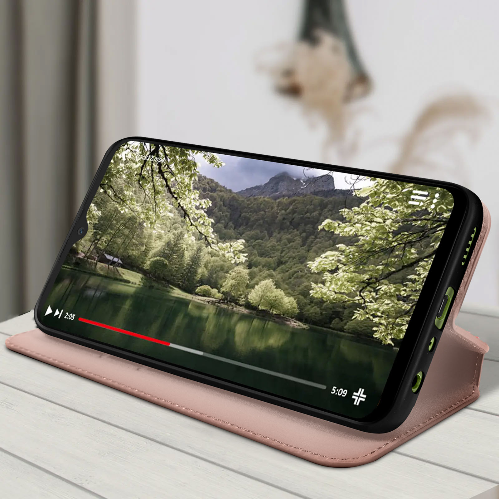 Un telefono in una custodia mostra un video di un paesaggio panoramico.