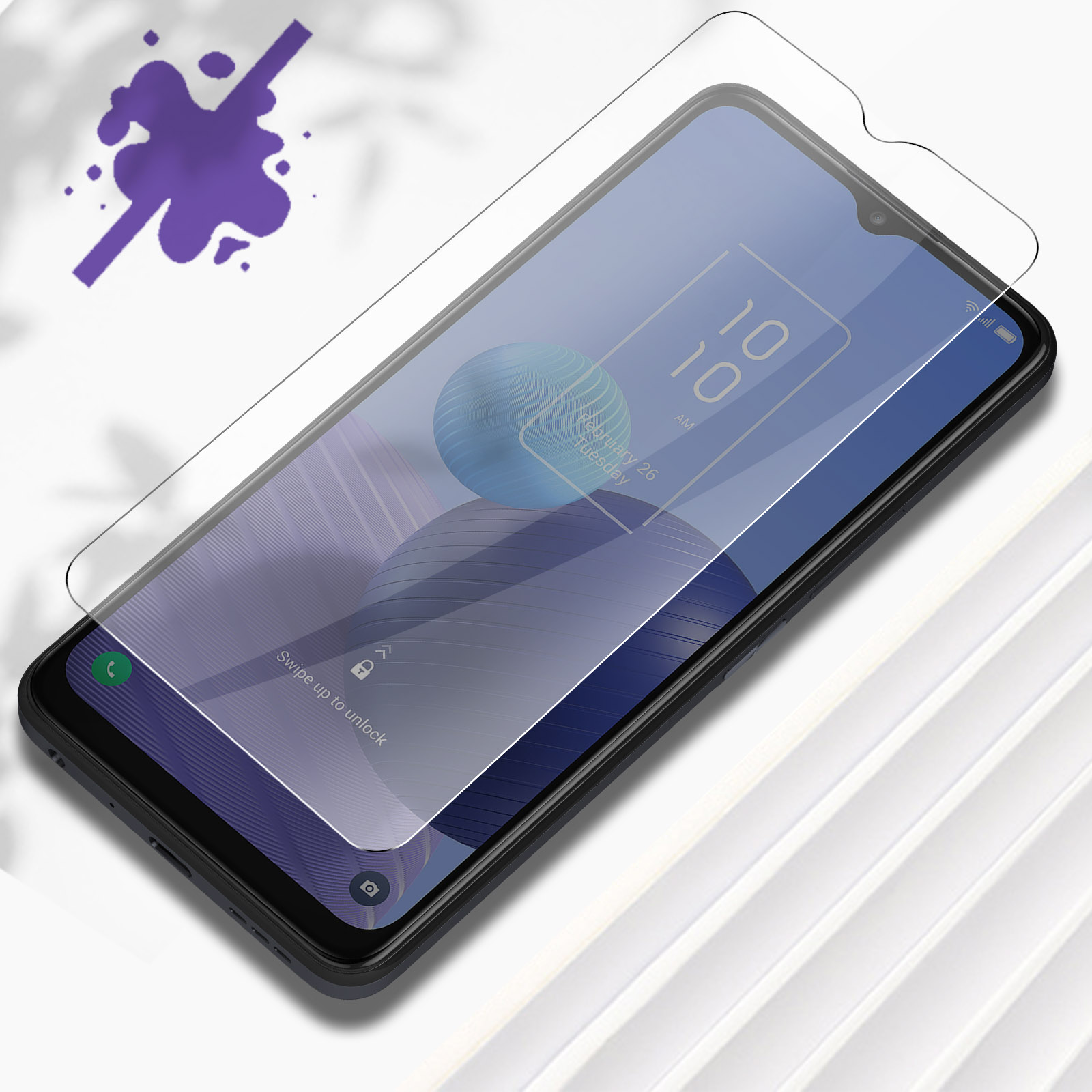Telefono con protezione schermo applicata. Lo schermo mostra l'ora e la schermata di blocco.
