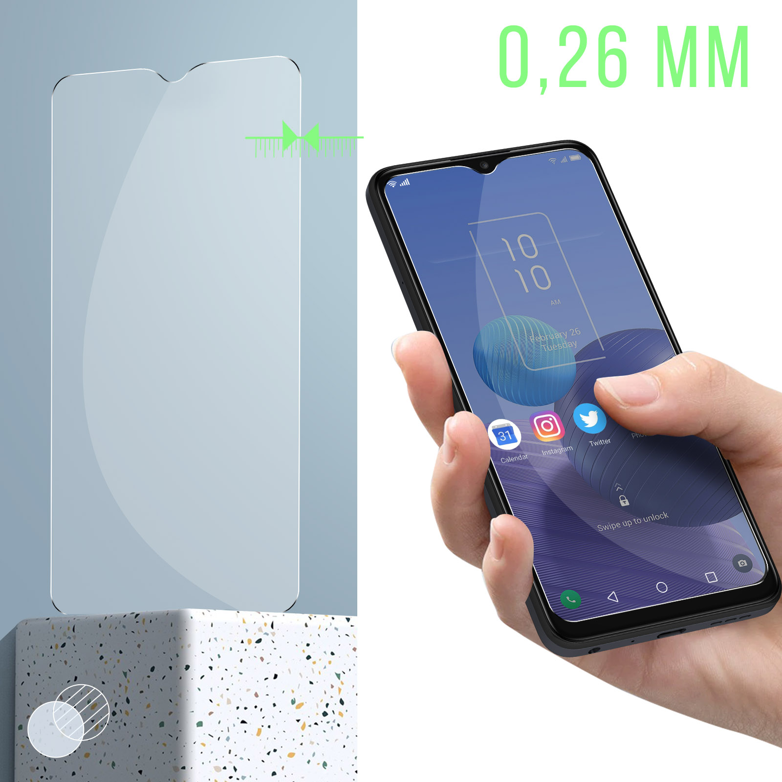 Un telefono mostra la protezione dello schermo con una mano e una misura di 0,26 mm.