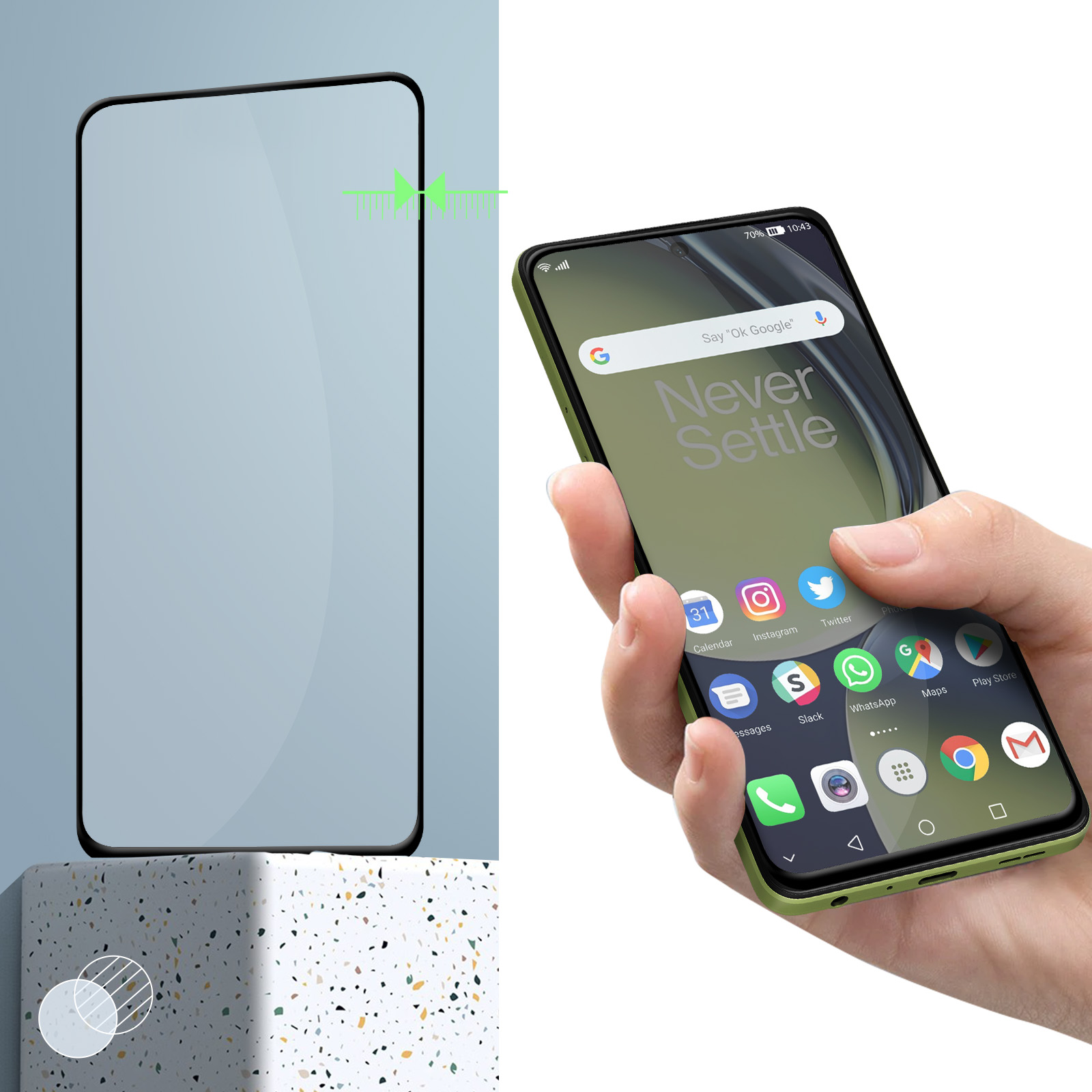 Un telefono a destra, schermo e telefono a sinistra, con una cornice verde.