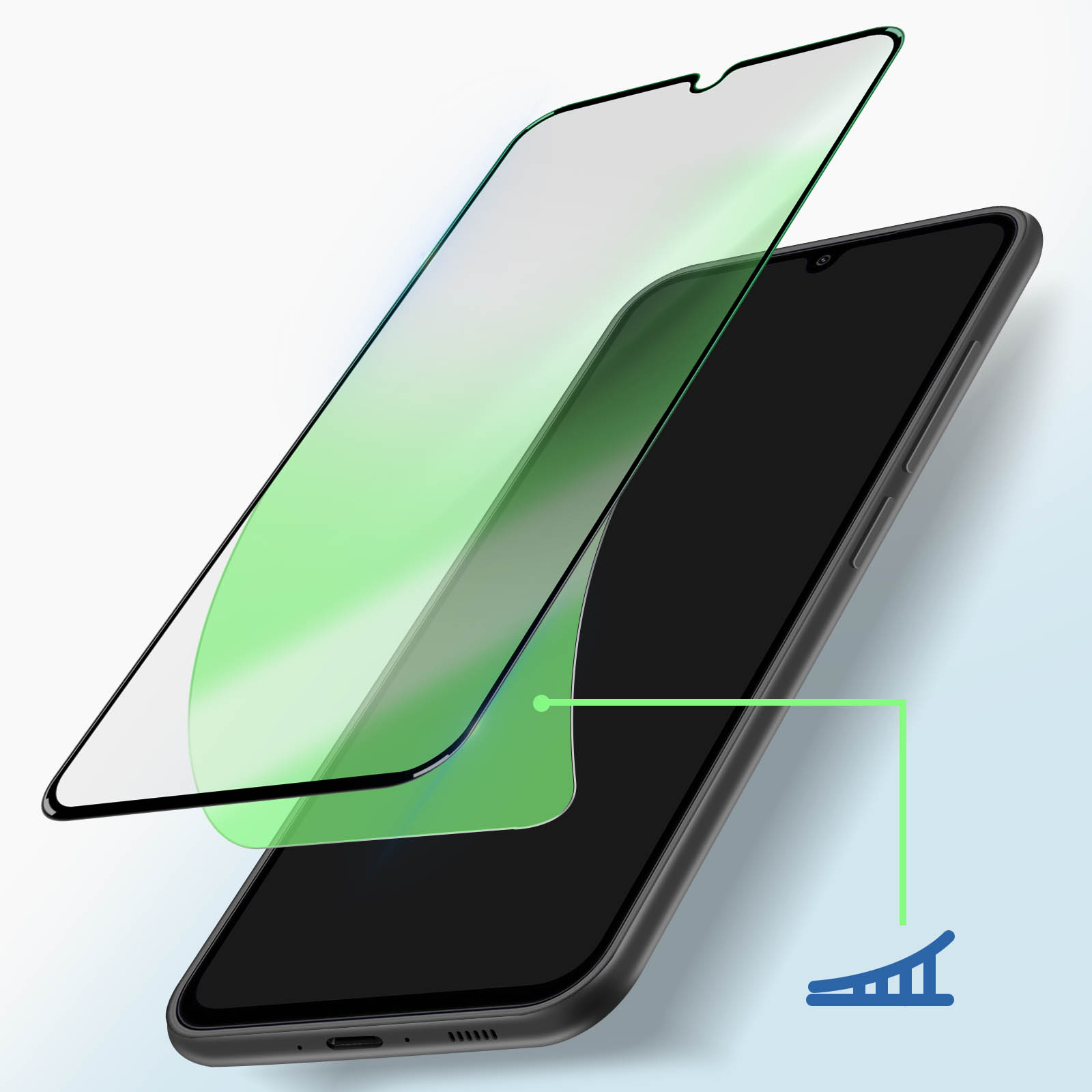 Un telefono con protezione schermo in fase di applicazione. Tonalità verde visibile.