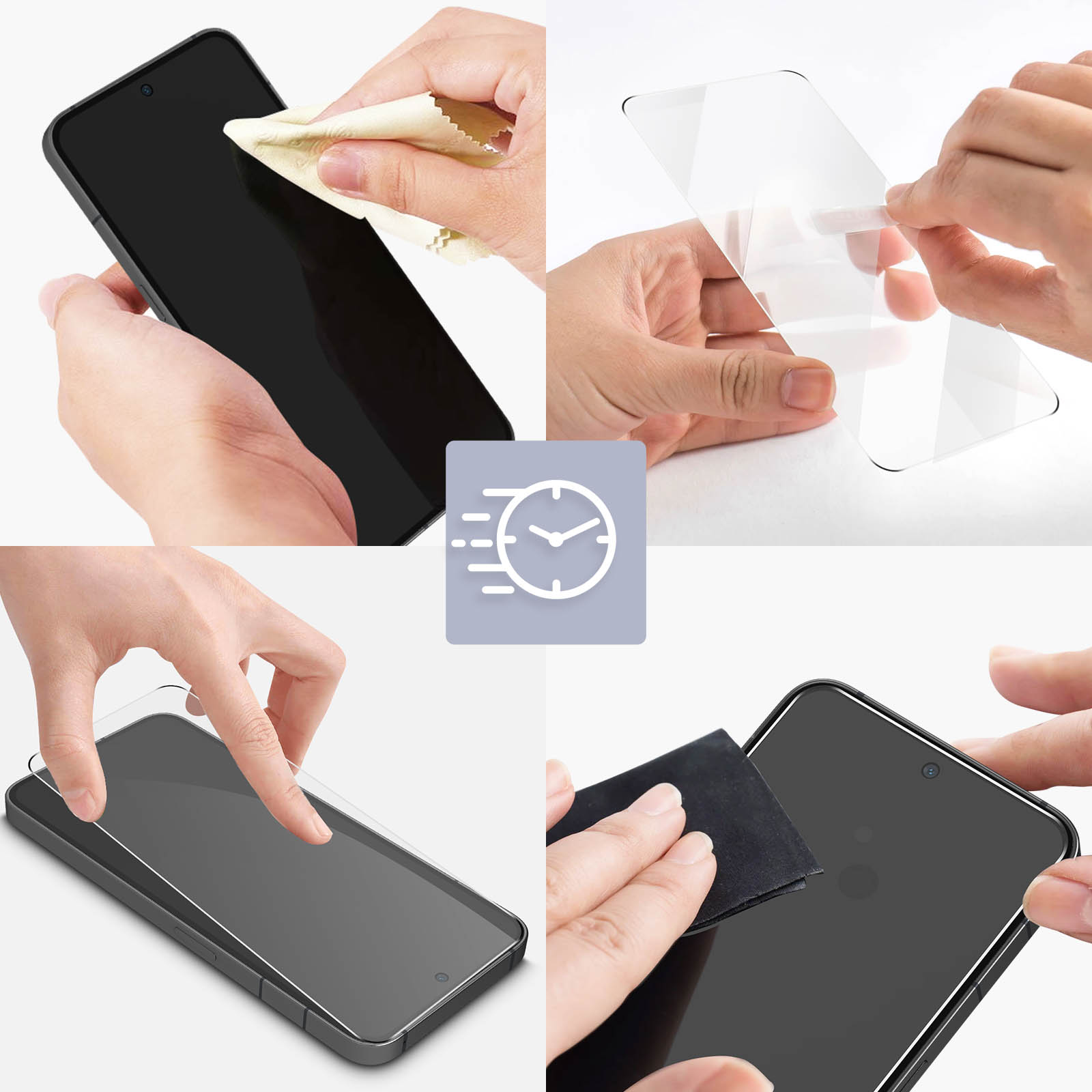 Mani che puliscono e applicano una protezione per lo schermo su un telefono nero. Icona del tempo presente.