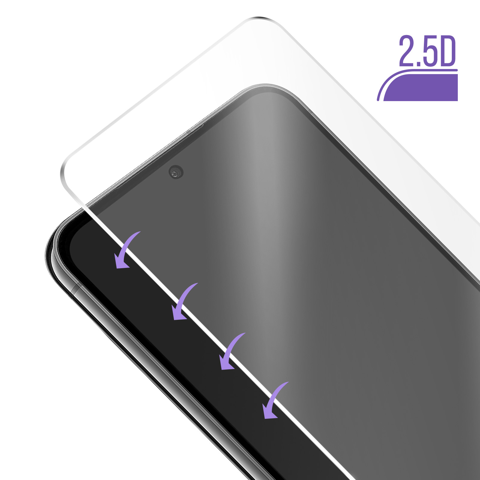 Telefono con protezione dello schermo applicata. Etichetta viola con 2.5D nell'angolo.