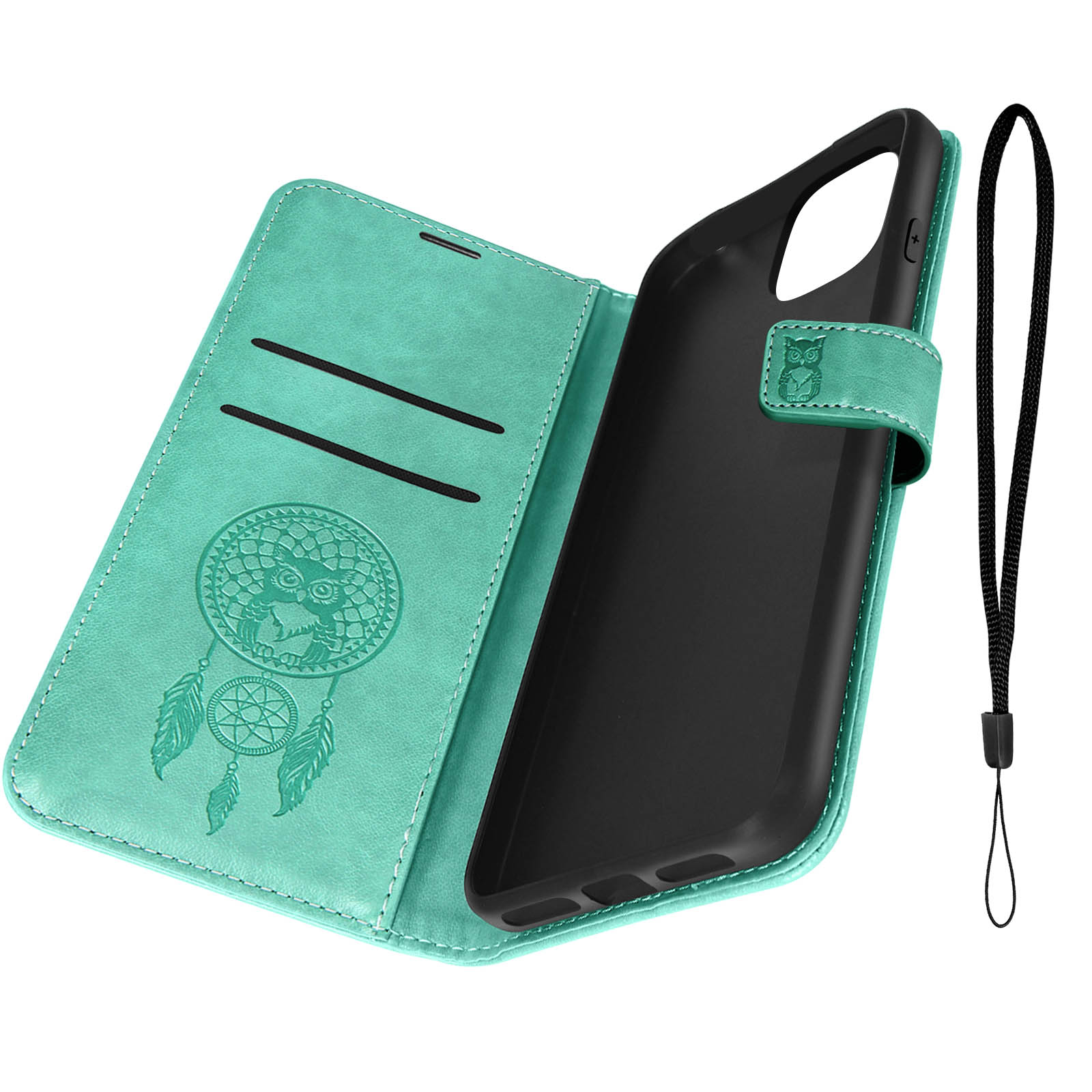 Custodia teal, aperta, con un design acchiappasogni e un telefono nero all'interno.