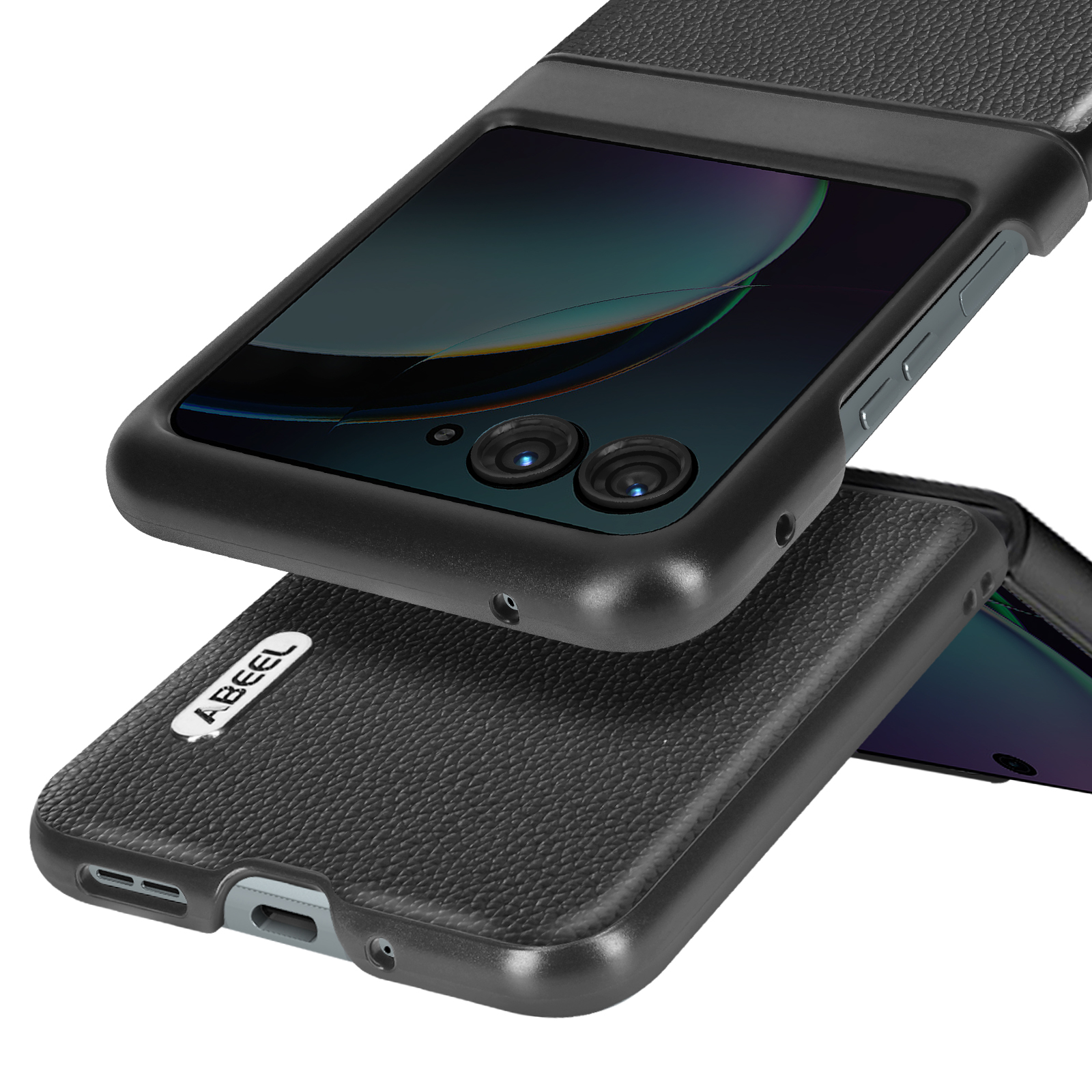 Telefono nero in una custodia nera, con schermo e due fotocamere visibili.