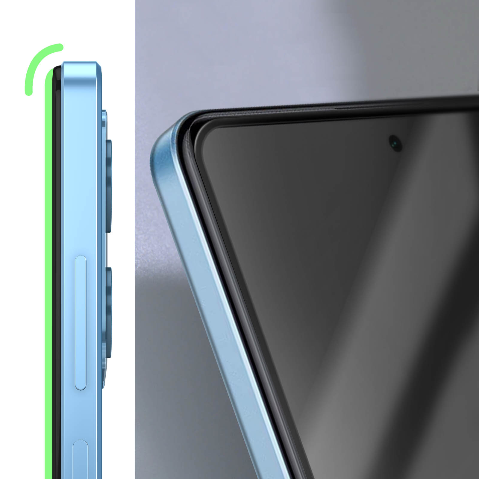 Vista laterale di un telefono blu, con un bordo verde attorno allo schermo.