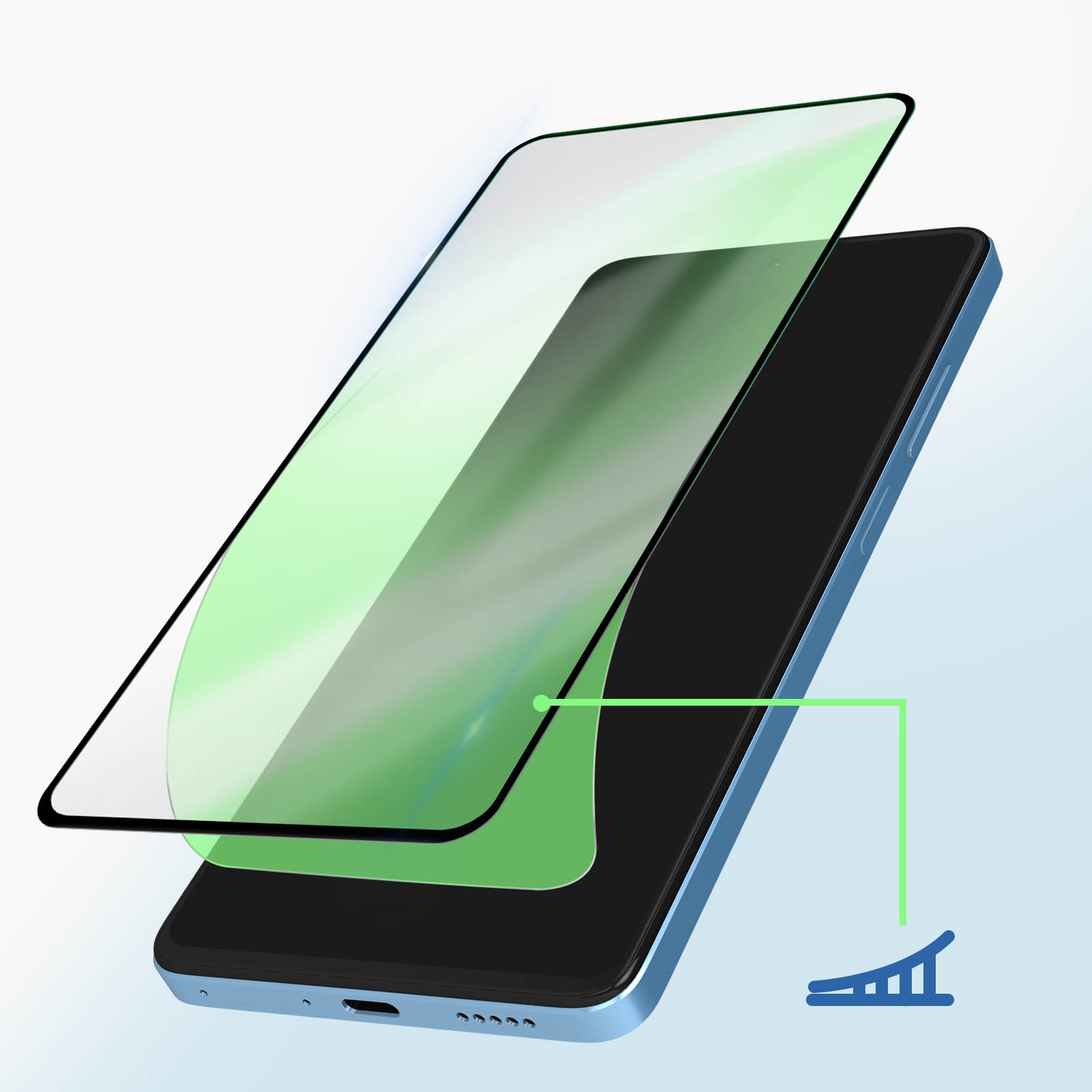 Un telefono con una protezione schermo in fase di applicazione. Un telefono blu con una protezione trasparente.