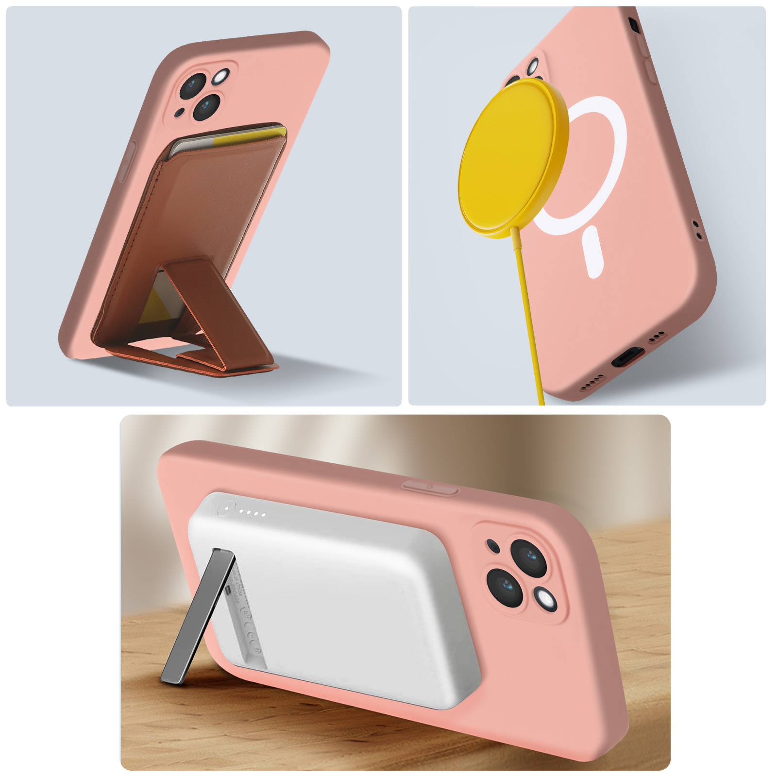 Custodia per telefono rosa con più accessori. Gli accessori includono un supporto e un caricatore wireless.