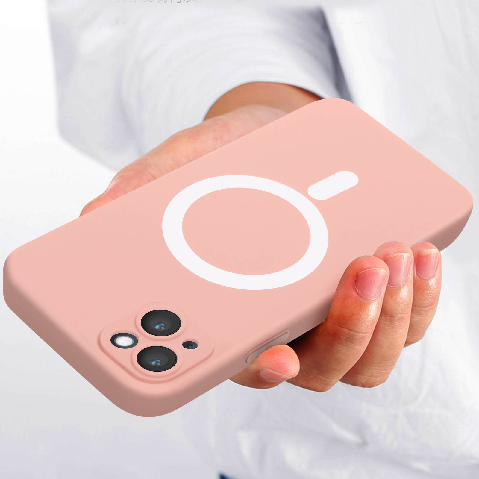 Una custodia rosa per telefono con un design circolare bianco sul retro.