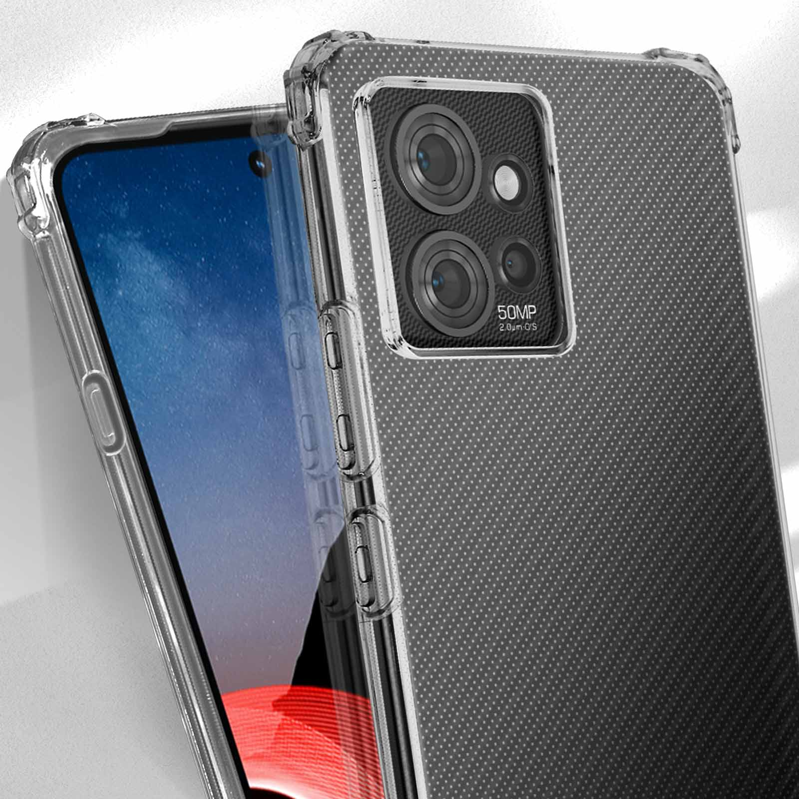 Een telefoonhoes en een telefoon met dubbele camera's worden van dichtbij getoond.