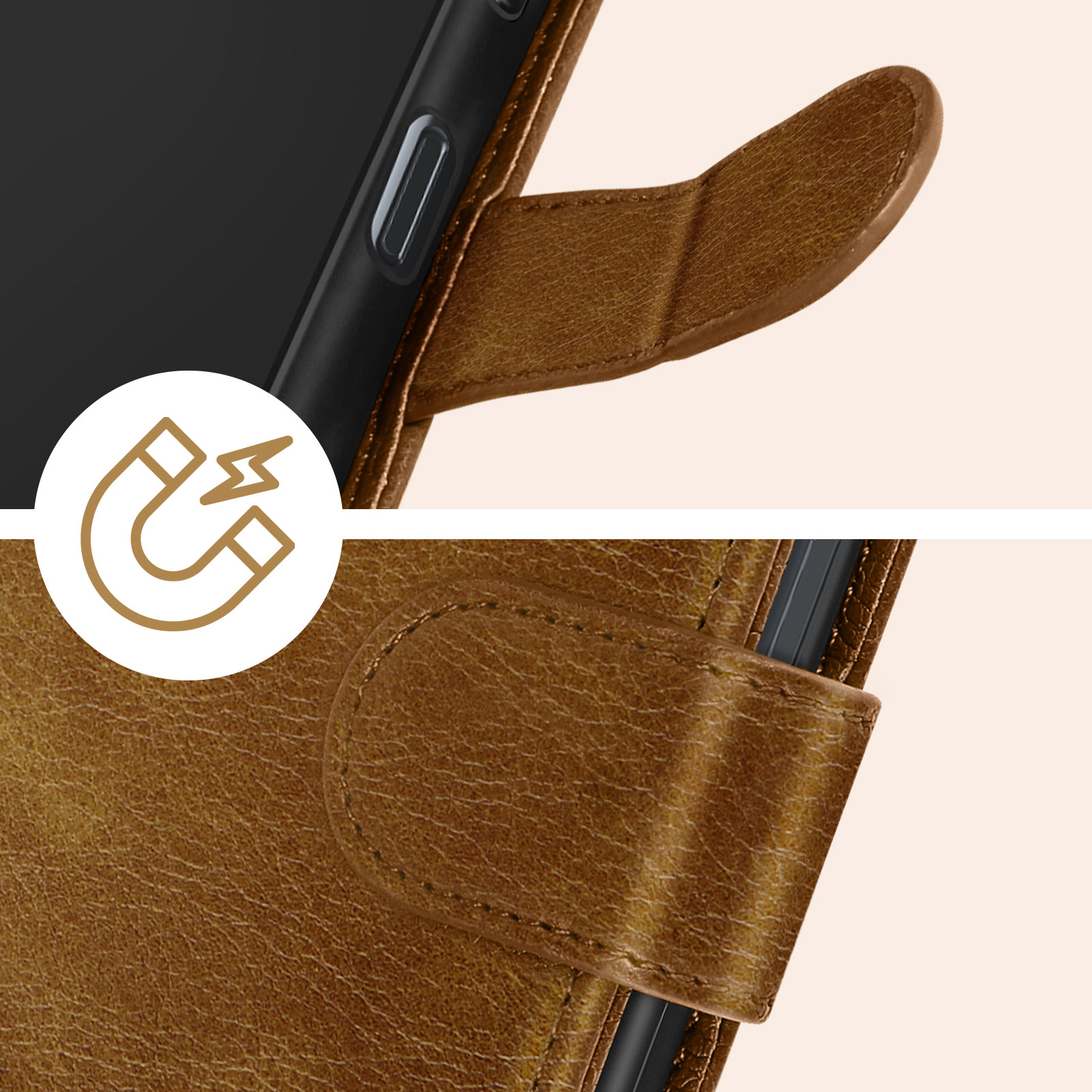 Nahaufnahme einer braunen Leder-Handyhülle, die einen Magnetverschluss und ein Telefon zeigt.