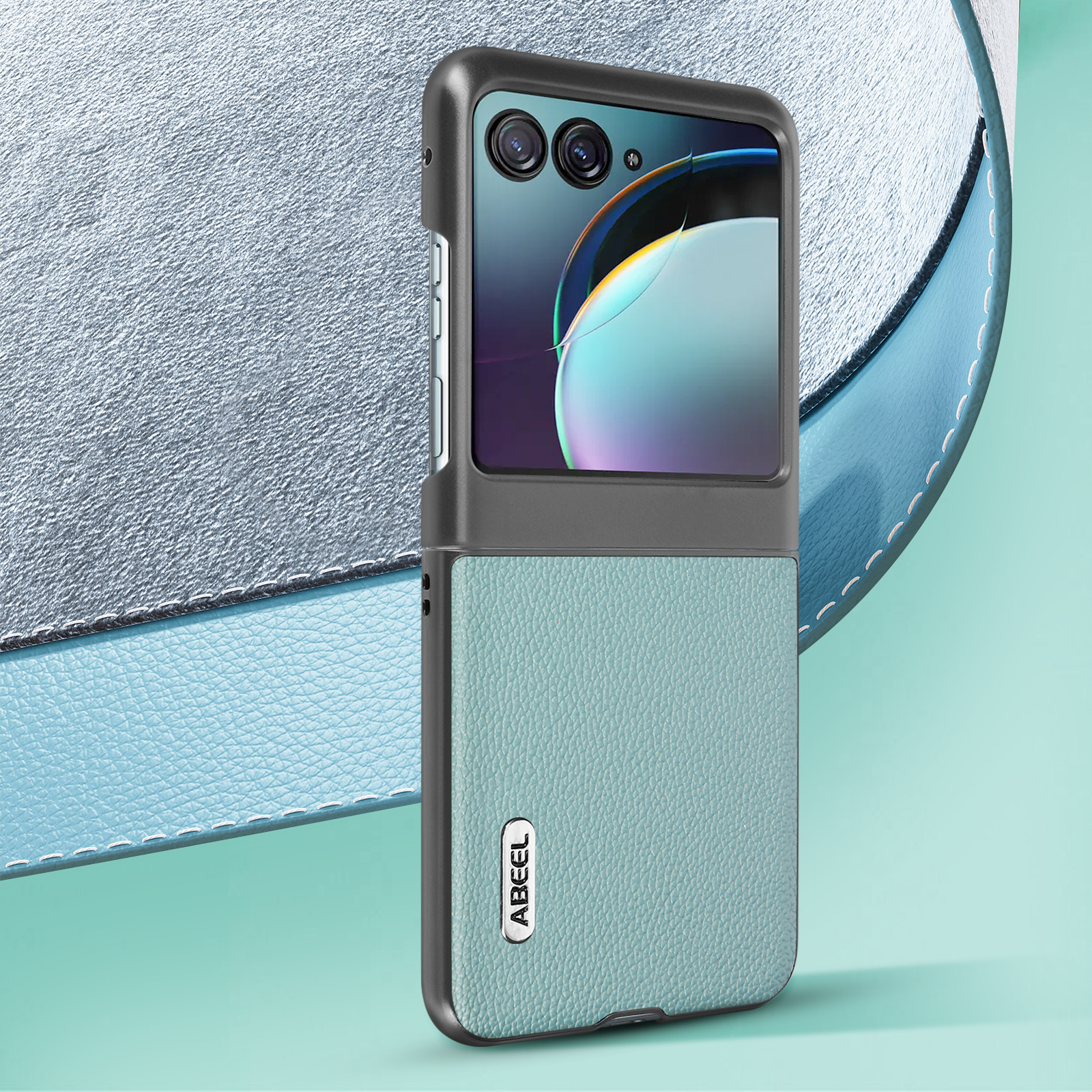 Handyhülle mit mintgrünem und grauem Farbschema, mit Telefon darin.