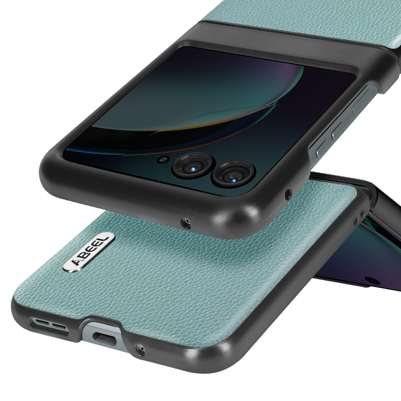 Eine Handyhülle mit einem faltbaren Telefon darin. Die Farbe der Hülle ist türkis. Der Hintergrund ist weiß.