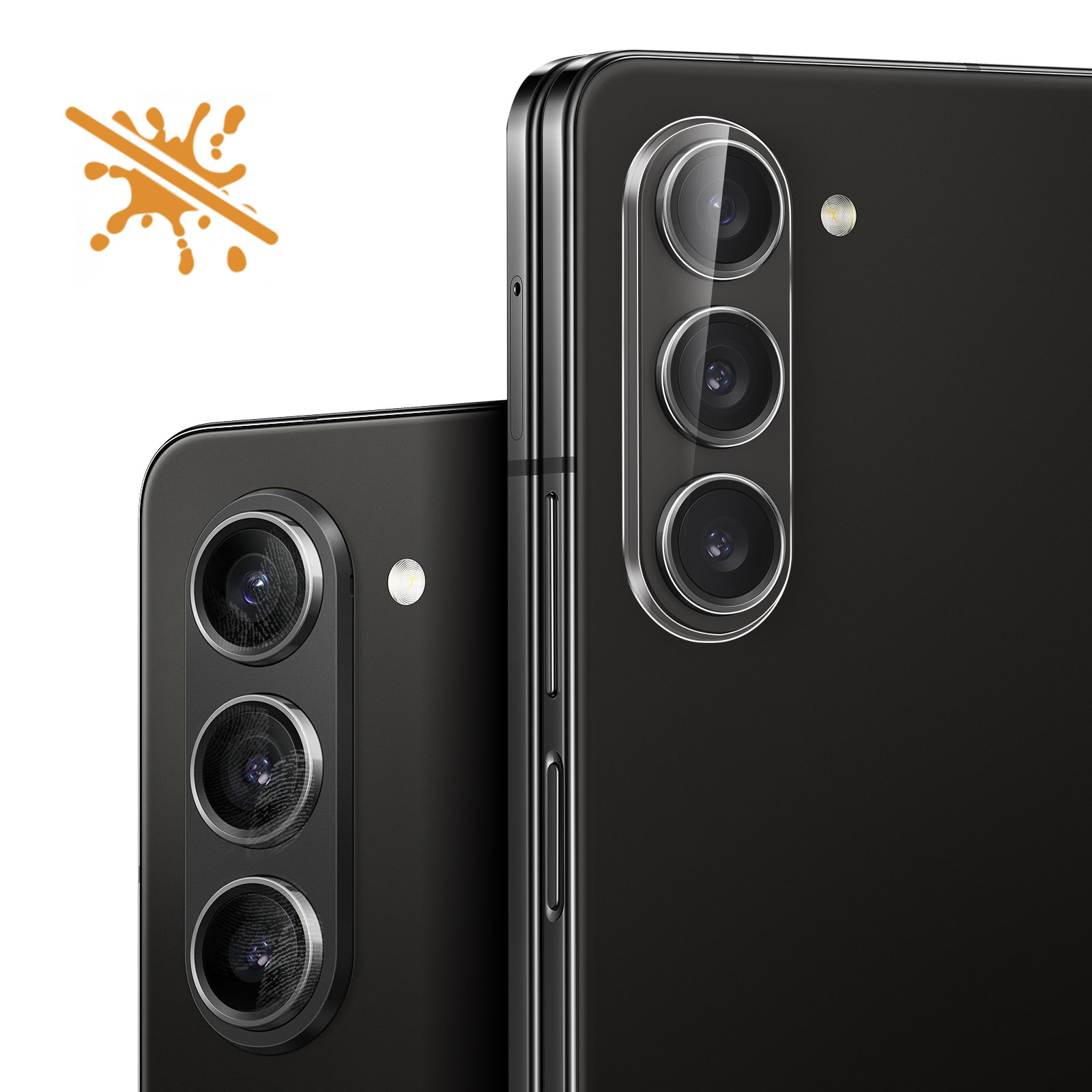 Primer plano de dos teléfonos negros, mostrando las lentes de la cámara. El fondo tiene un icono de salpicadura.