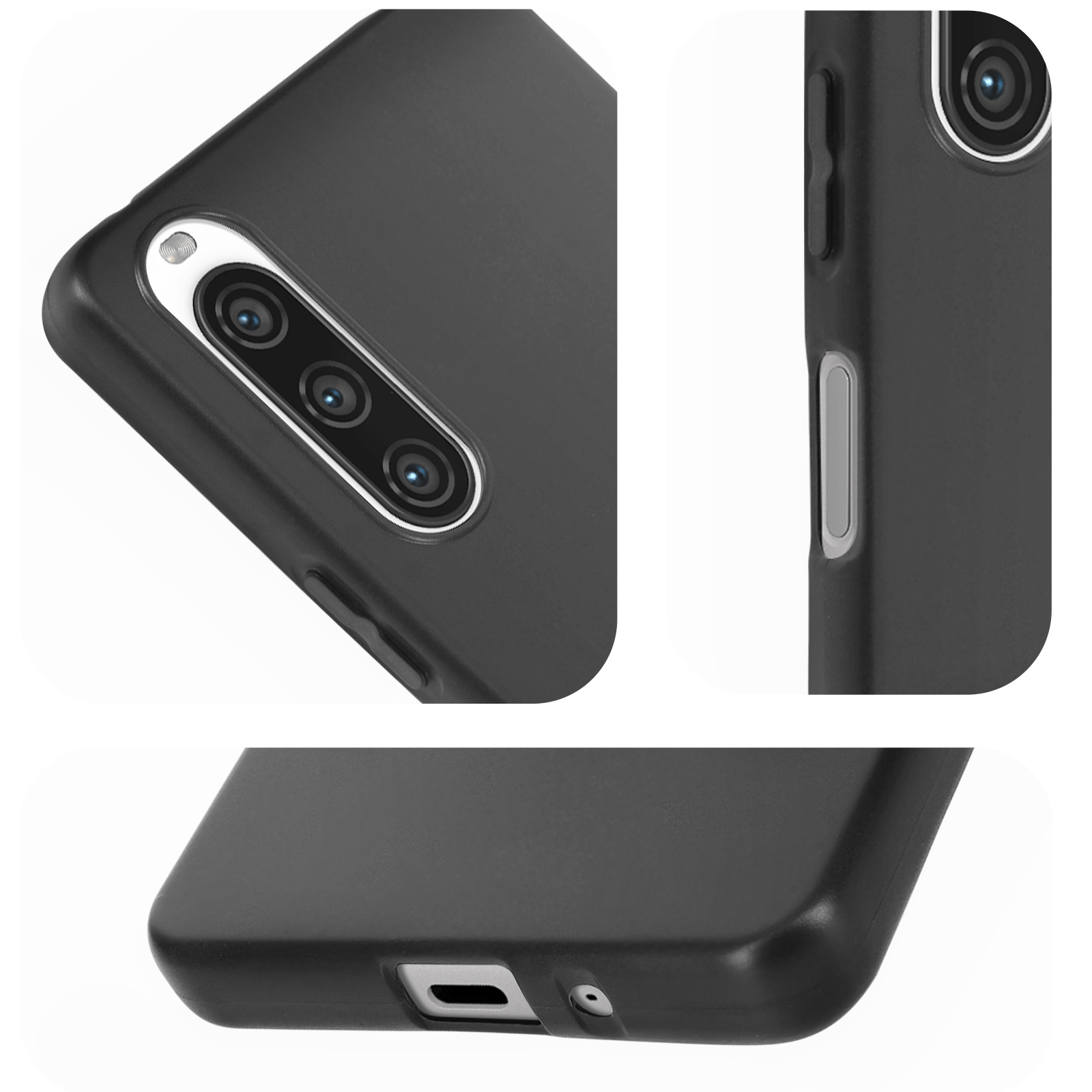 Telefono nero con più fotocamere. Primi piani. Sfondo bianco.