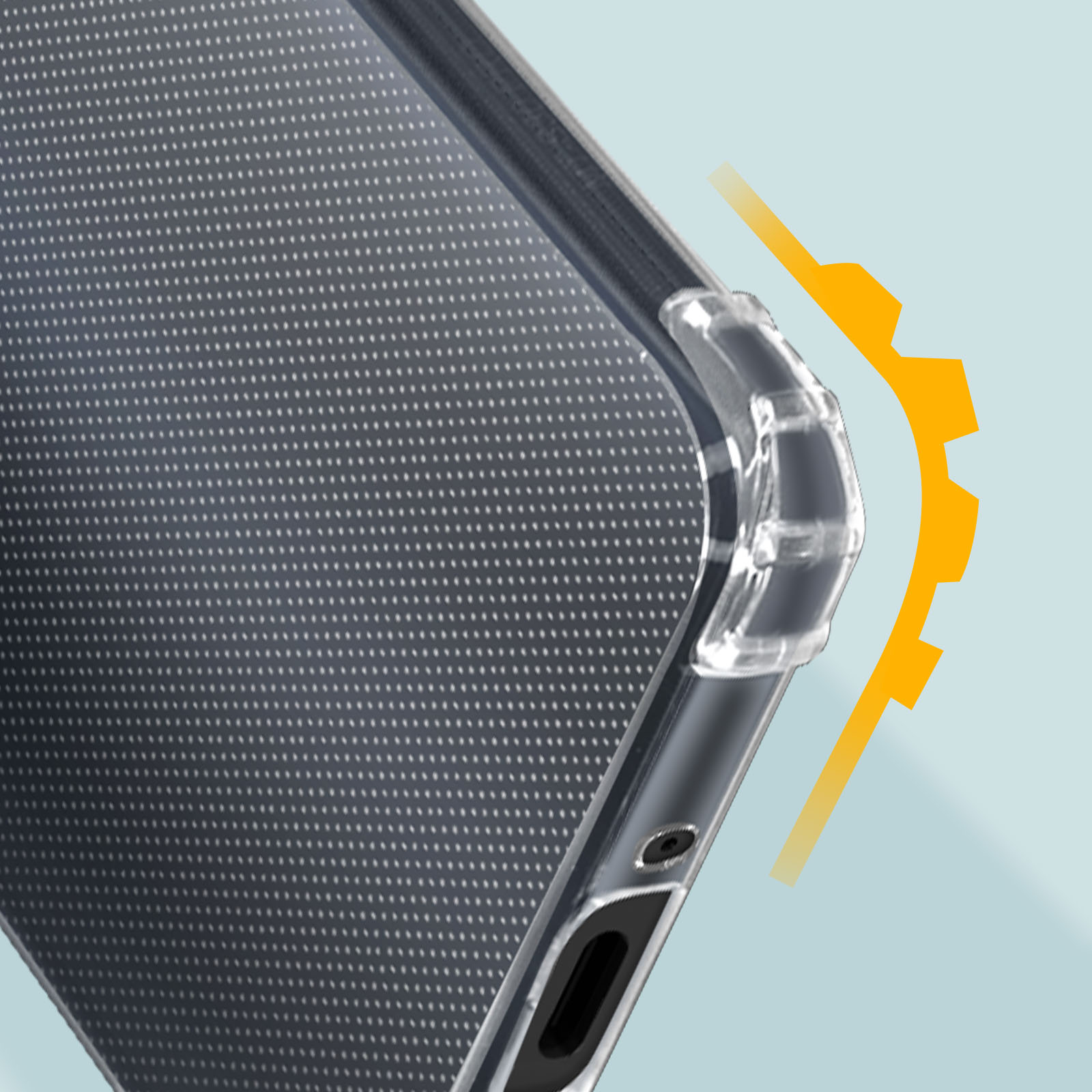 Close-up van een beschermende telefoonhoeshoek met een geel gemarkeerd gebied.