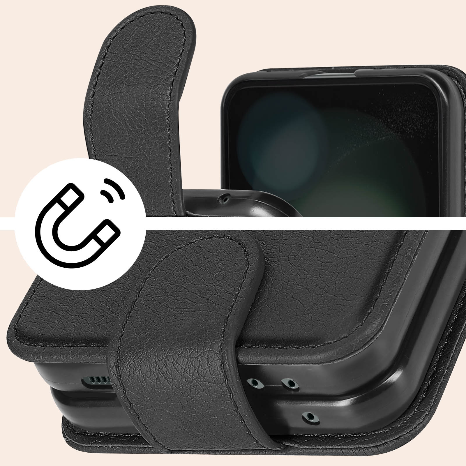 Una custodia a portafoglio in pelle nera per telefono viene mostrata, con una chiusura magnetica. Un'icona a calamita è a sinistra.
