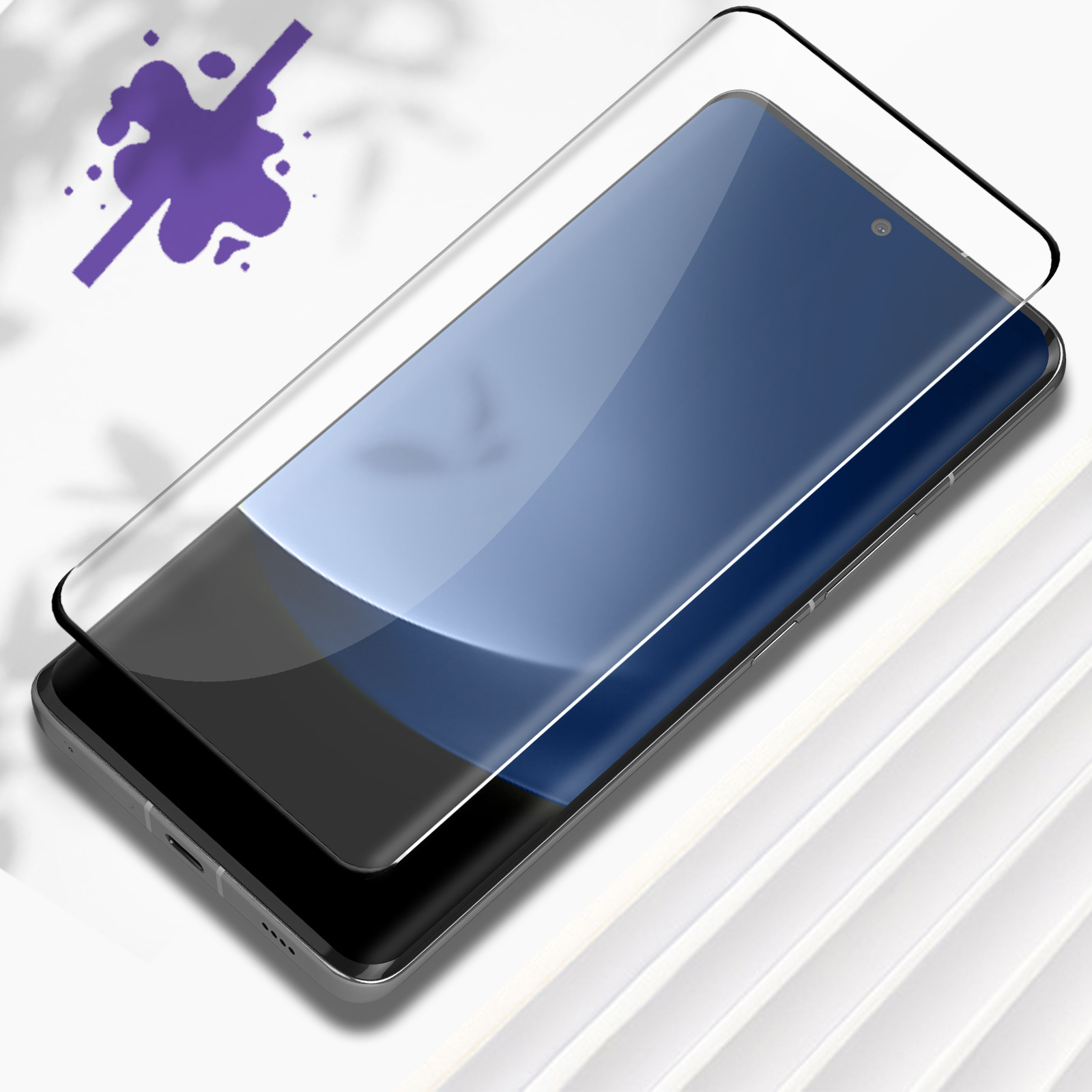 Un telefono con protezione schermo. Lo schermo è blu. Uno schizzo viola nell'angolo.