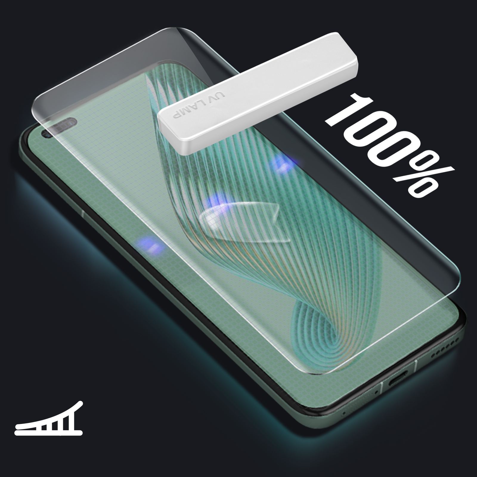 Téléphone avec protecteur d'écran et lampe UV, texte 100%, sur fond noir.