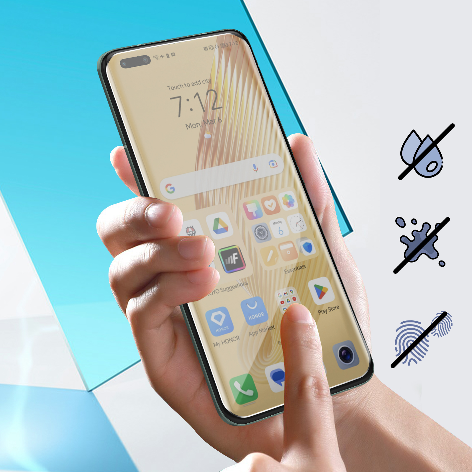 Téléphone avec protecteur d'écran appliqué. Icônes de protection contre l'eau, les éclaboussures et les empreintes digitales.