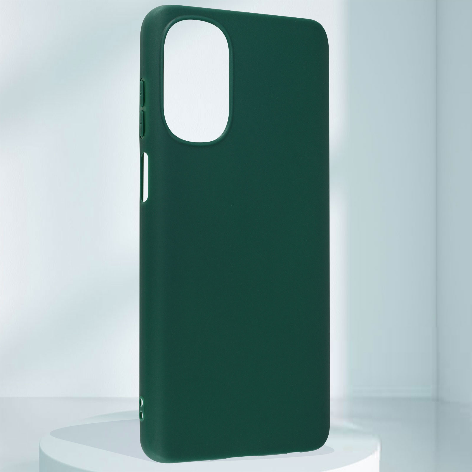 Una custodia per telefono verde scuro con un foro per la fotocamera su sfondo chiaro.