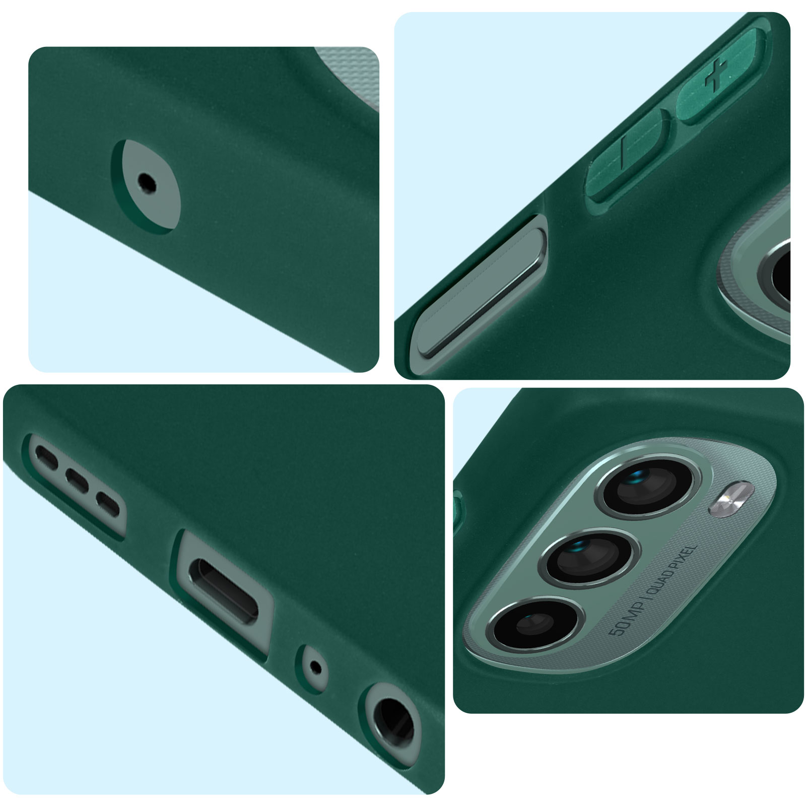 Primo piano di una custodia per telefono. La custodia è verde scuro, che mostra fotocamera, pulsanti e porte.