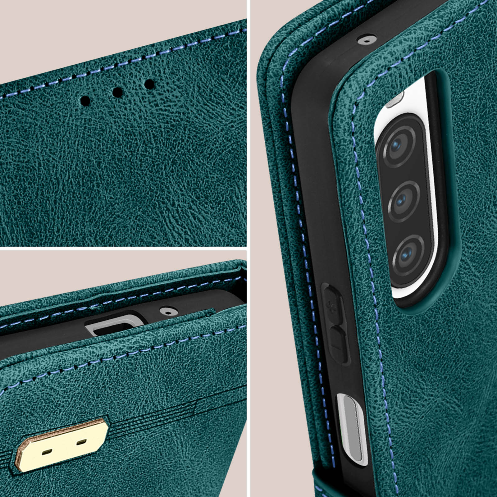Dettagli della custodia del telefono. Pelle verde acqua con cuciture, che mostra la fotocamera, i pulsanti e le porte. Primi piani.