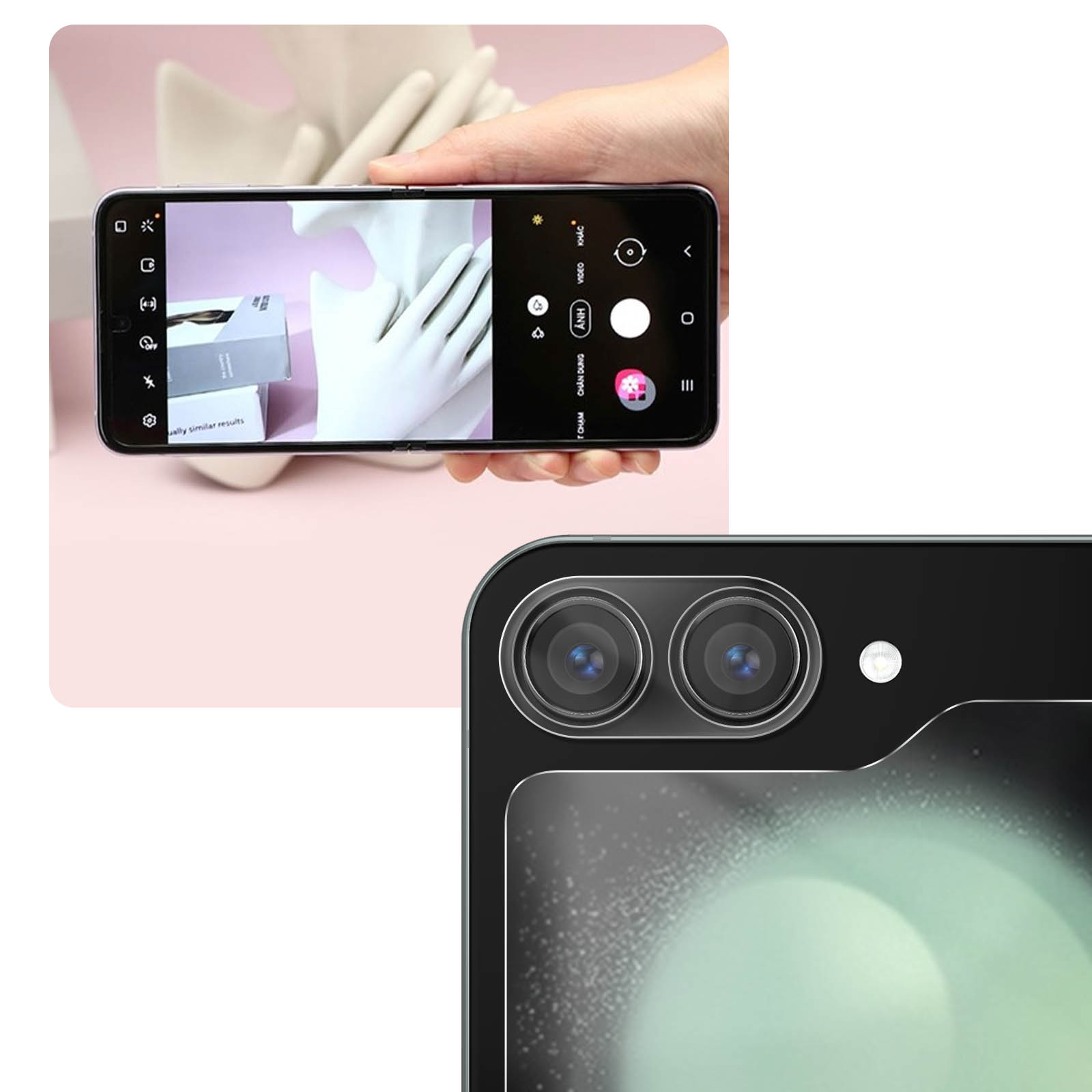 Una mano che tiene un telefono che mostra una foto di guanti. Una fotocamera è visibile sul lato destro.