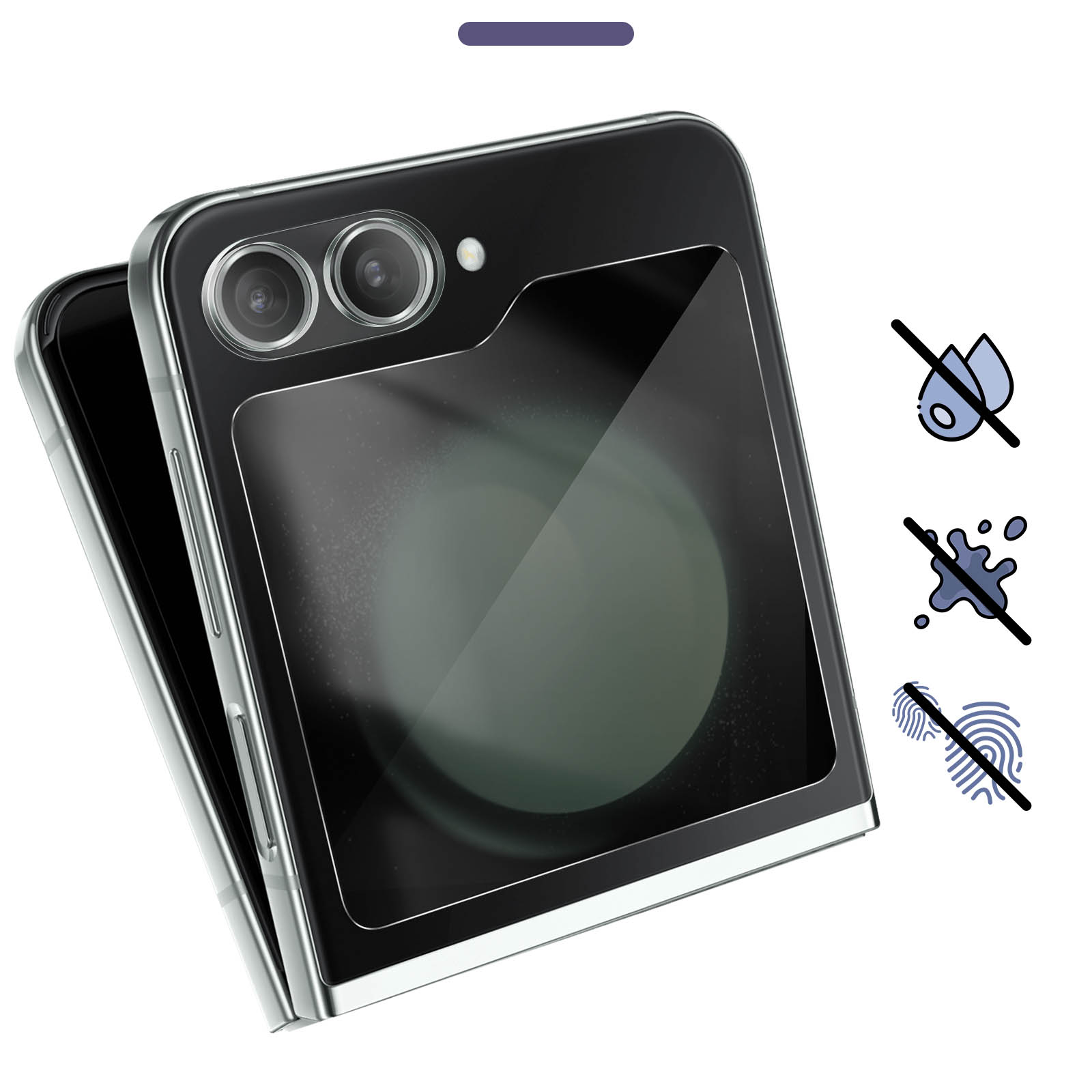 Telefono pieghevole nero con protezione schermo. Simboli per resistenza all'acqua, agli schizzi e alle impronte digitali.