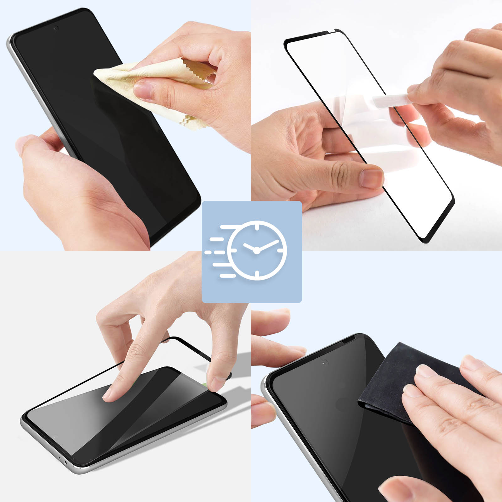 Guida installazione protezione schermo: pulizia, posizionamento, rimozione bolle, pulizia.