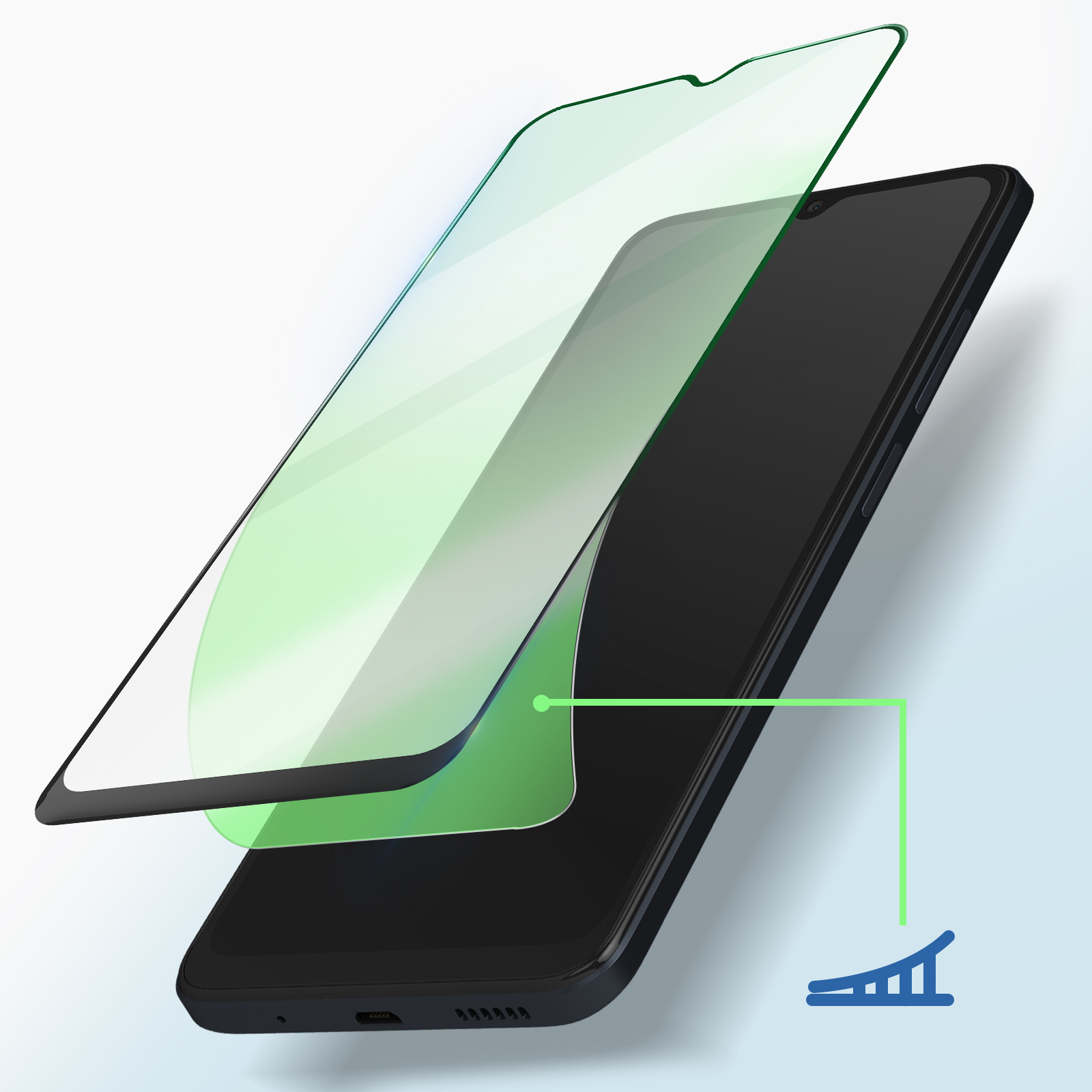Téléphone et protecteur d'écran. Le protecteur est appliqué. Une icône de graphique dans le coin.