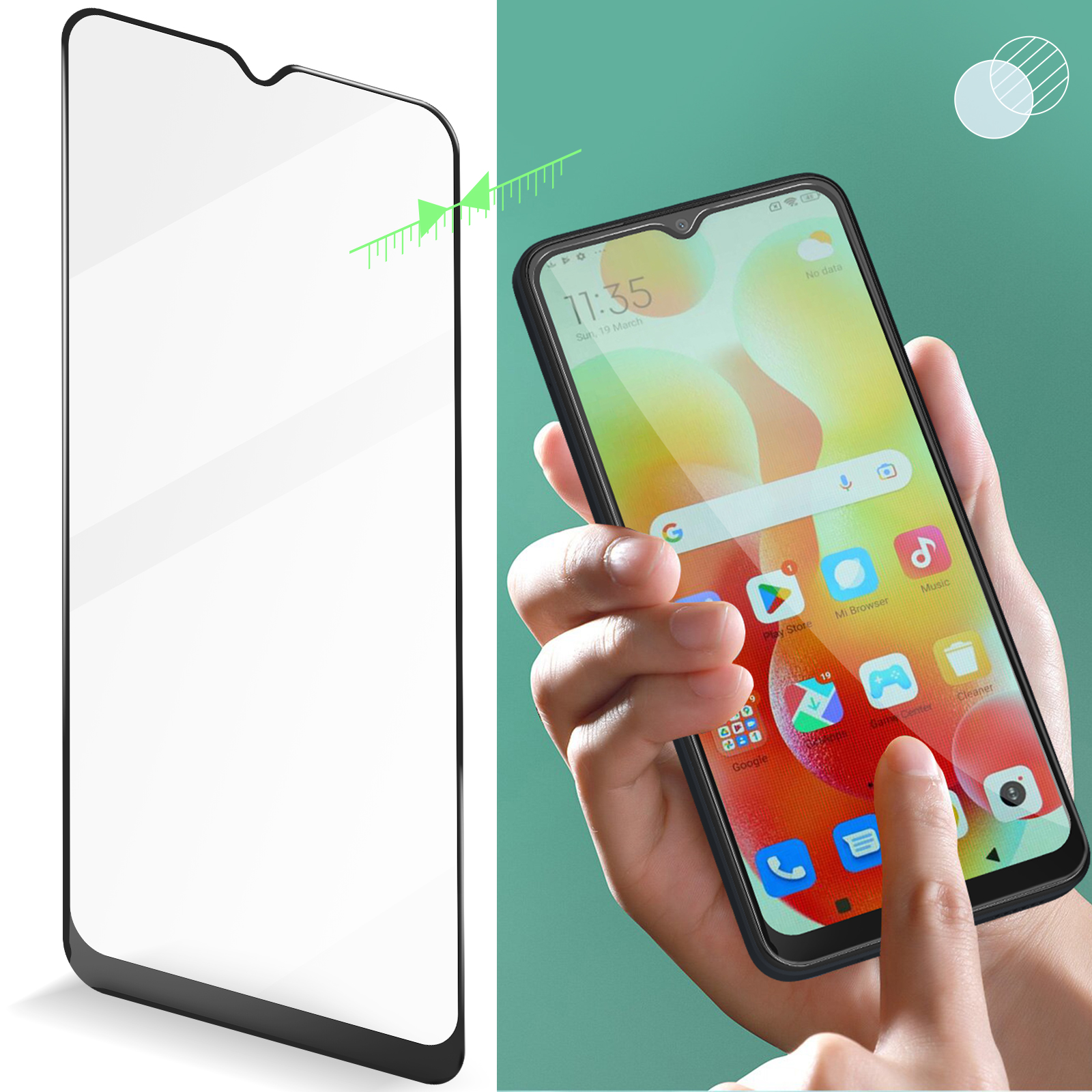 Un protecteur d'écran à côté d'un téléphone touché pour montrer l'écran.
