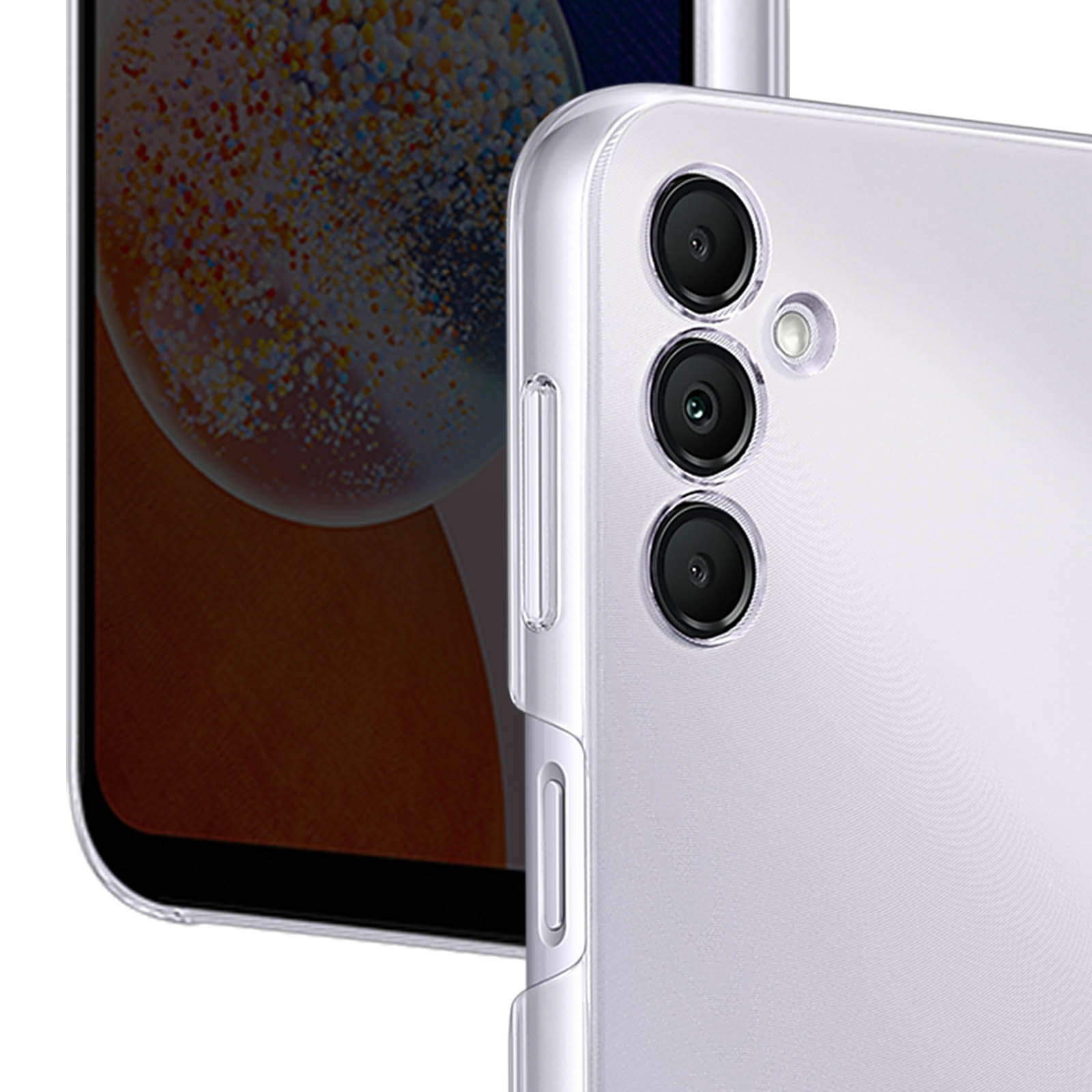 Primer plano de un teléfono y funda morados, mostrando la cámara y botones laterales.